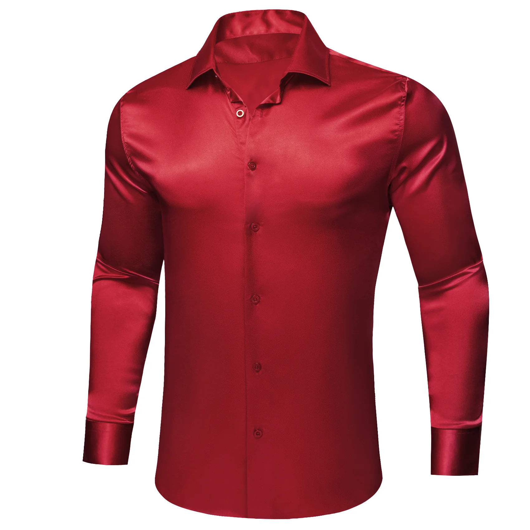 New Dark Red Solid Satin Silk Men's Long Sleeve Shirt