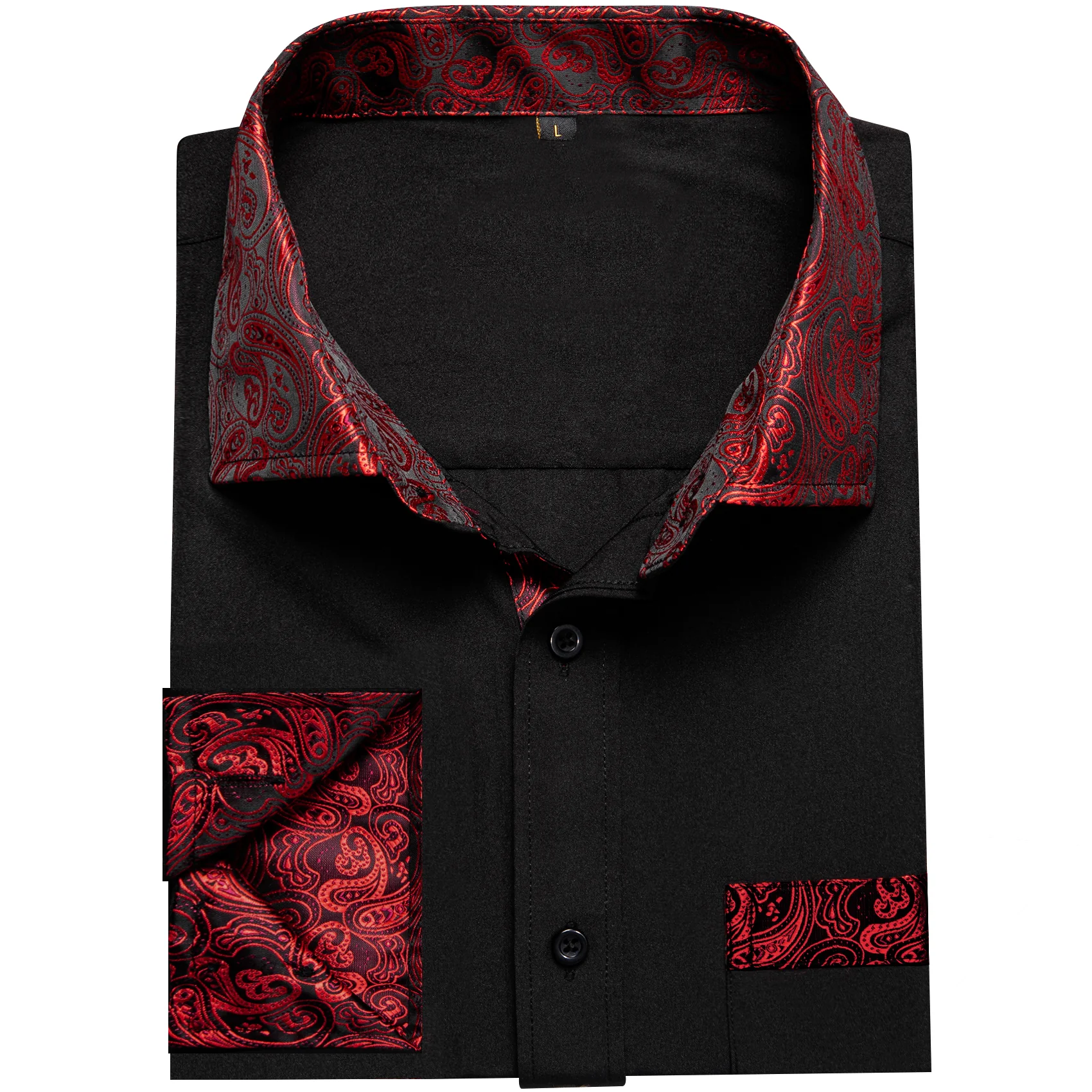 Splicing Style Black with Red Paisley Edge Men's Solid Long Sleeve Shirt