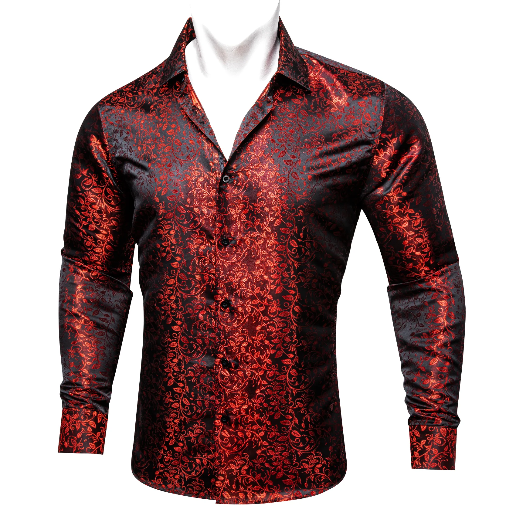 Black Red Floral Pattern Silk Men's Long Sleeve Shirt