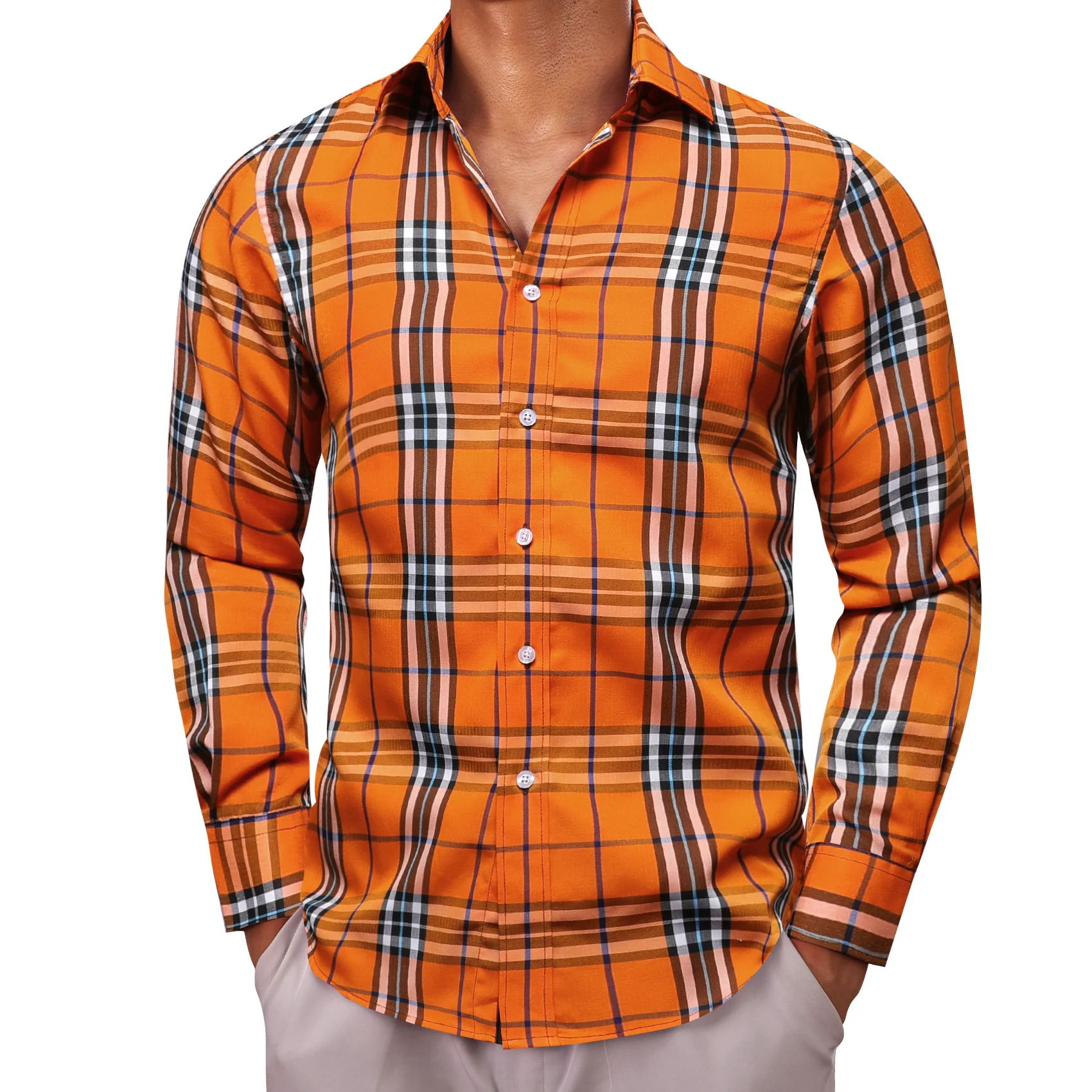 Oange Black Plaid Men's Long Sleeve Work Shirt