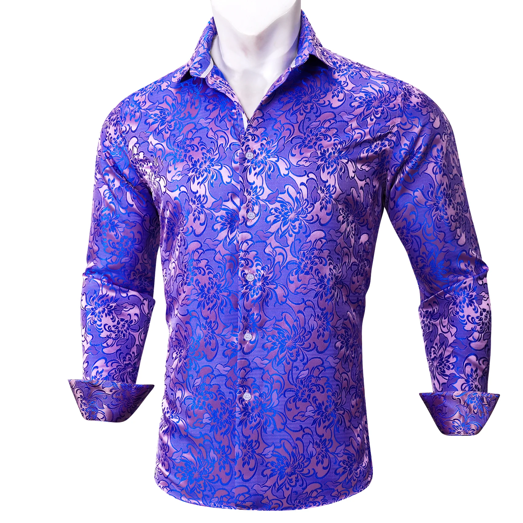 Purple Blue Floral Silk Men's Long Sleeve Shirt