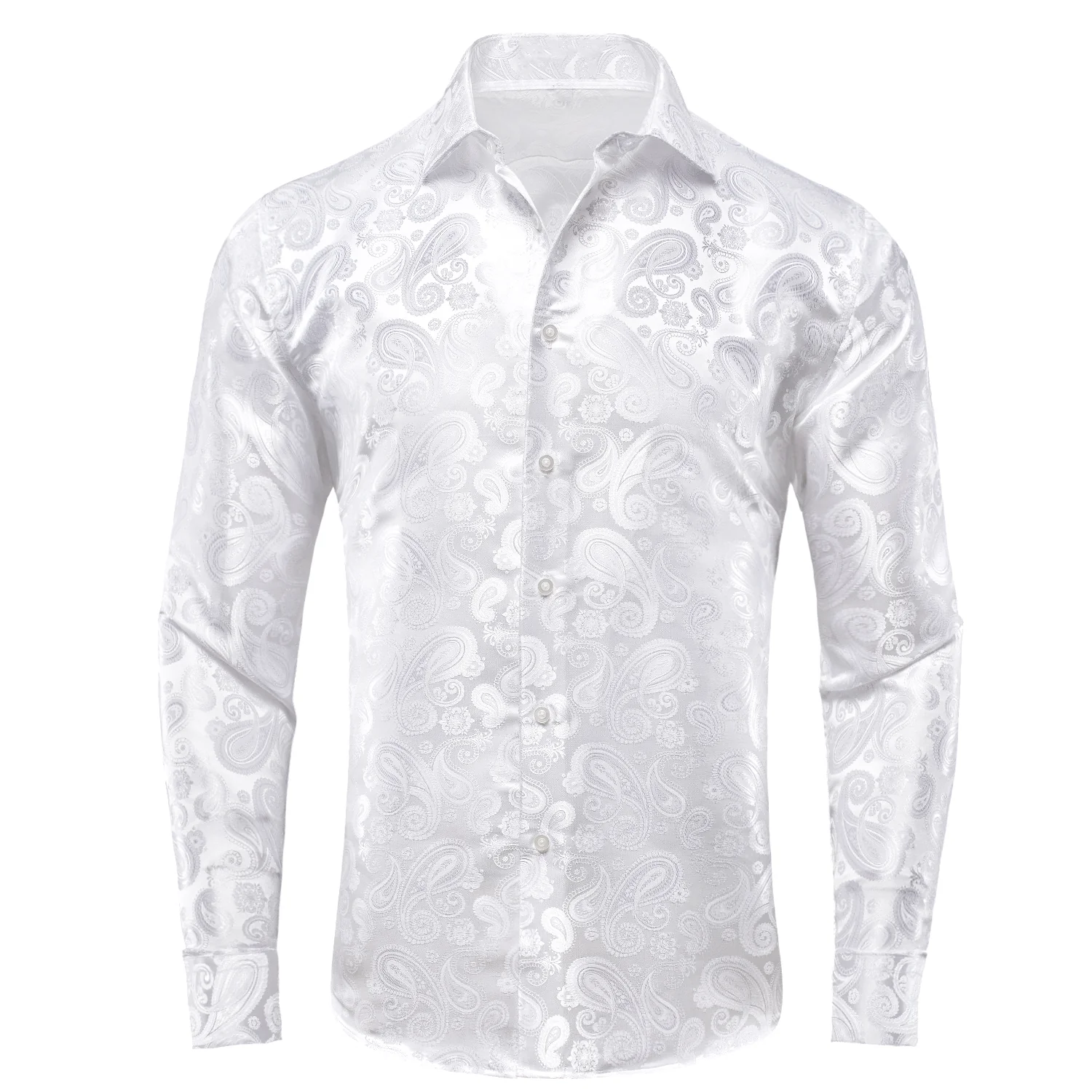 Pure White Paisley Silk Men's Long Sleeve Shirt