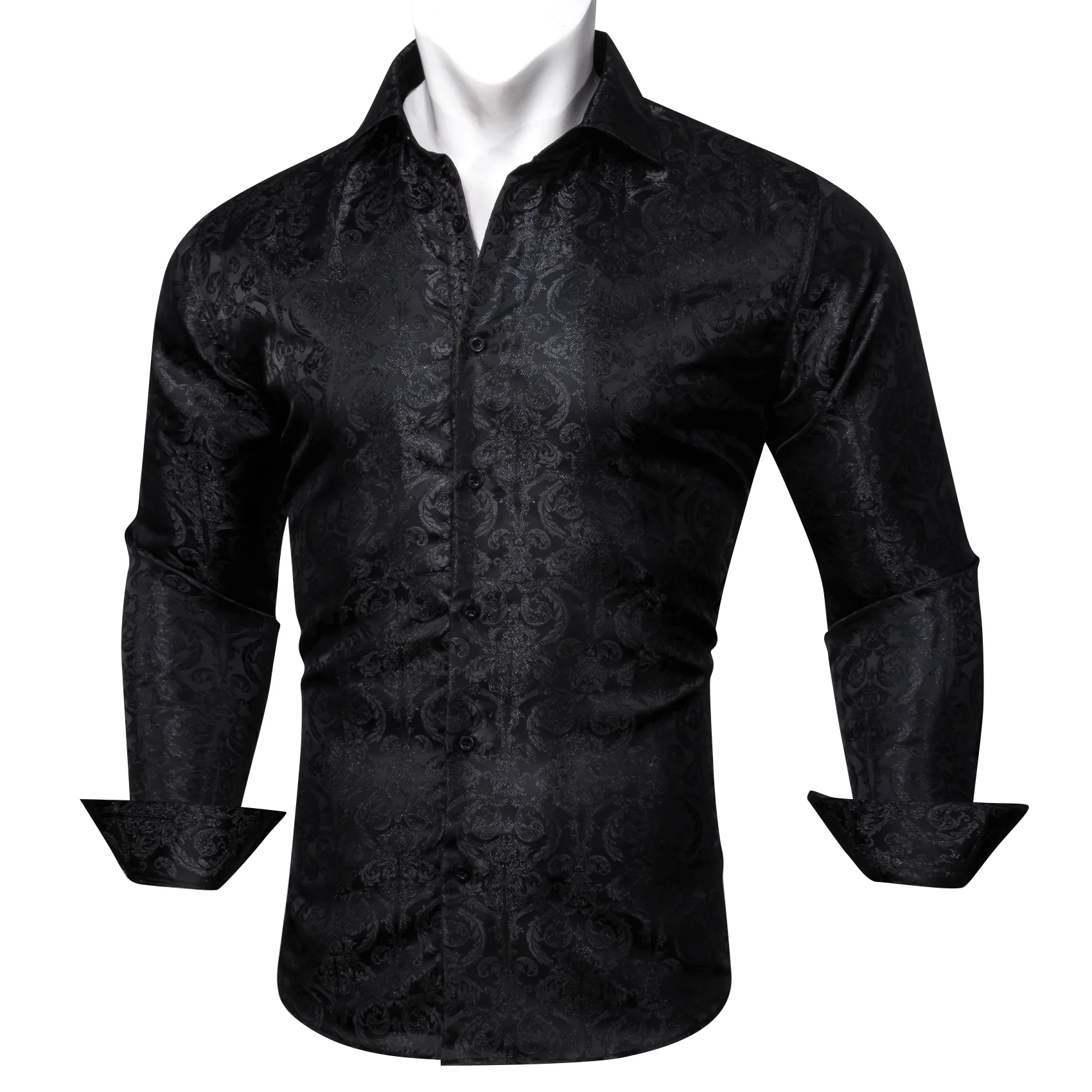 New Black Floral Pattern Silk Men's Long Sleeve Shirt
