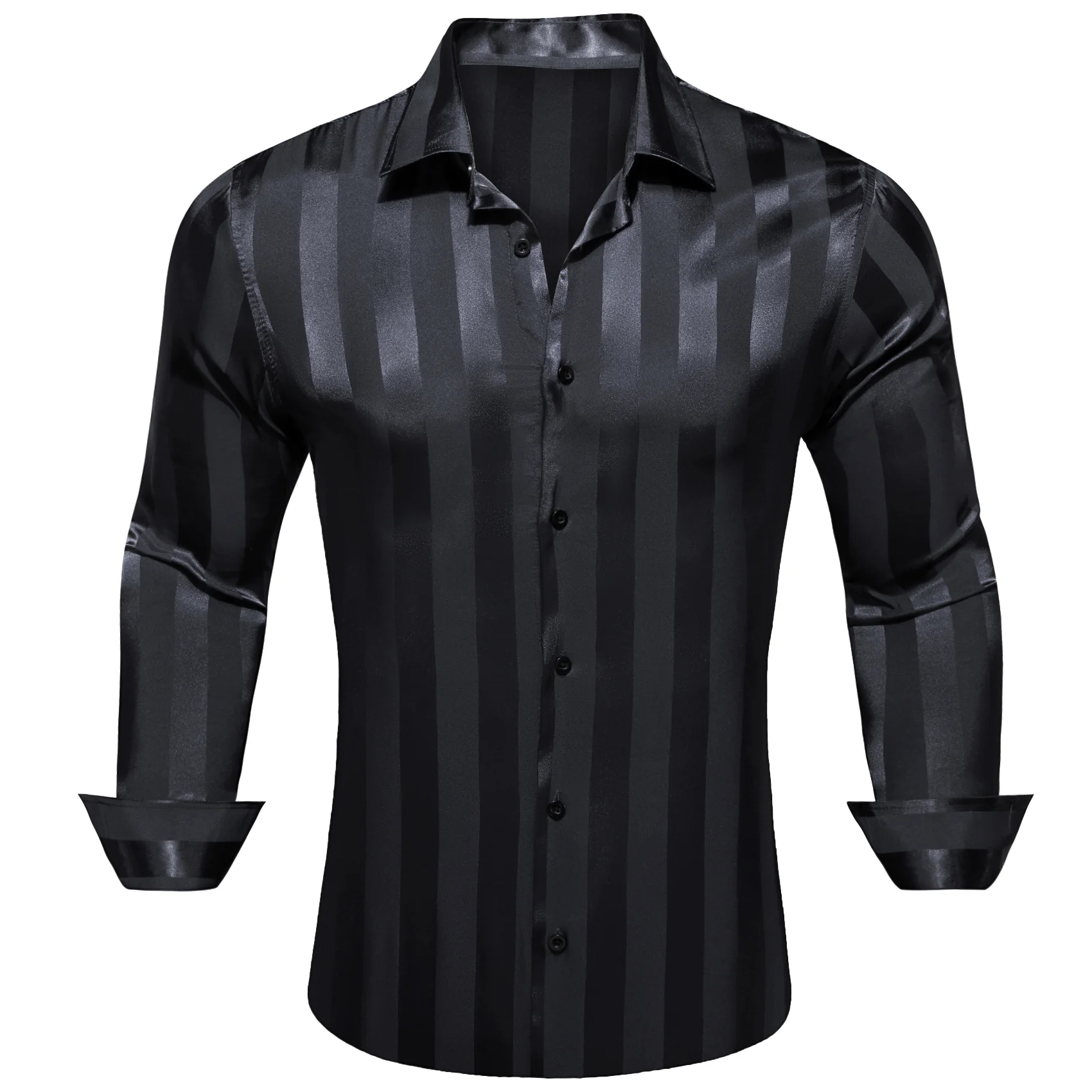 Black Striped Shiny Satin Men's Long Sleeve Shirt