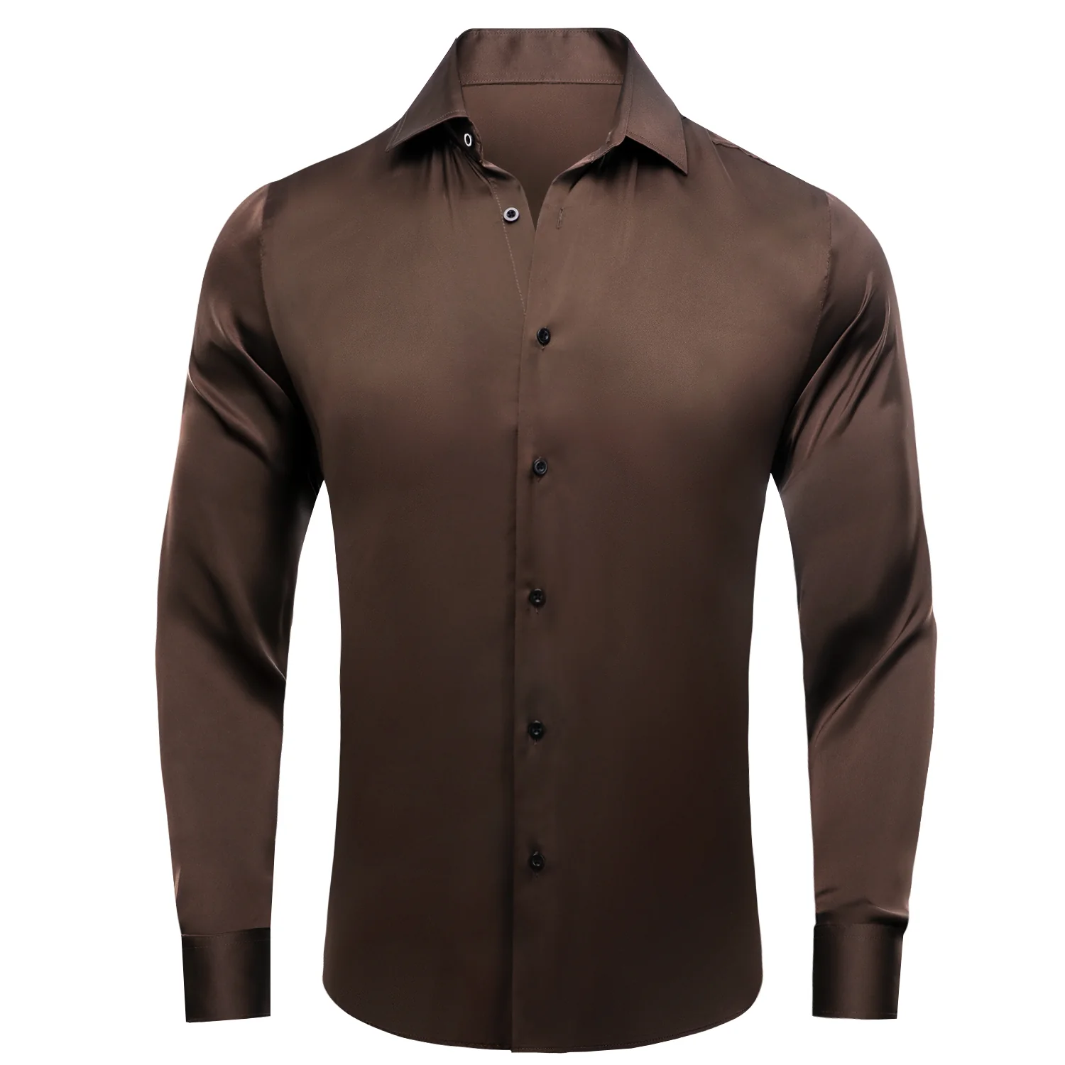 Dark Brown Solid Satin Chiffon Non-stretch Men's Long Sleeve Shirt