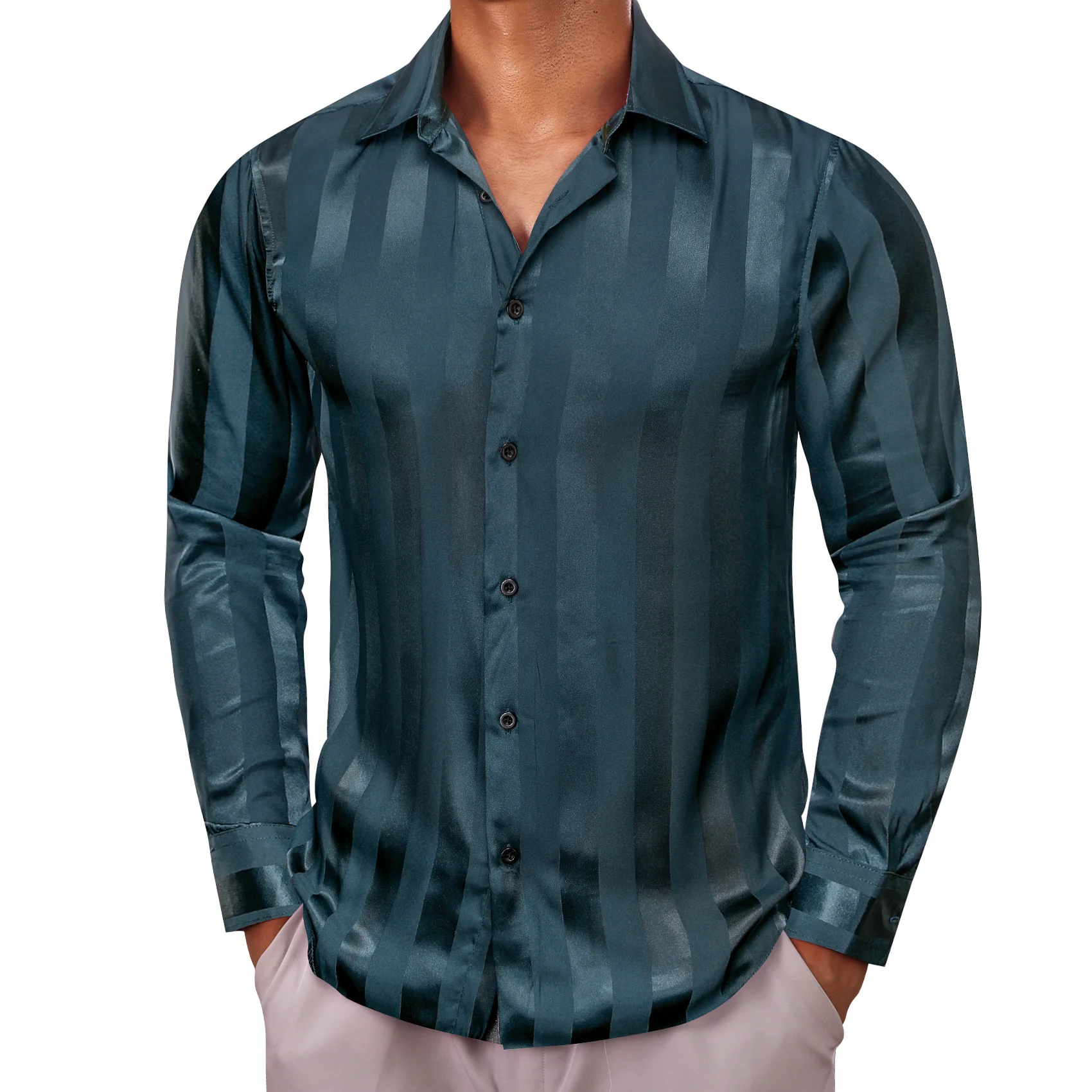 Blue Striped Shiny Satin Men's Long Sleeve Shirt