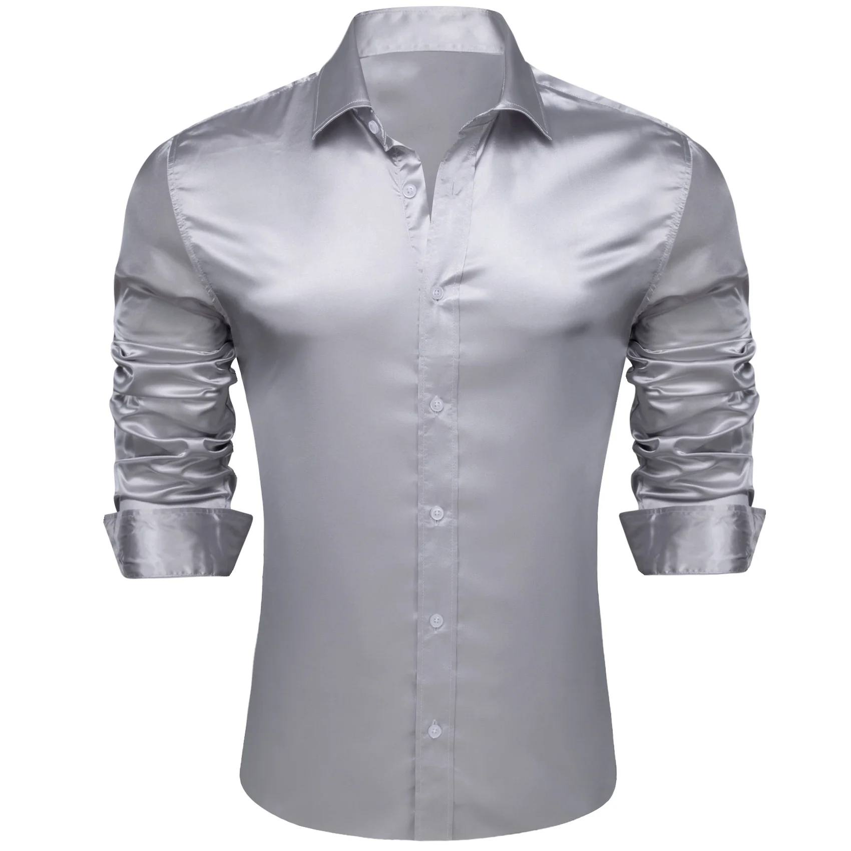 Sliver Grey Solid Silk Men's Long Sleeve Shirt