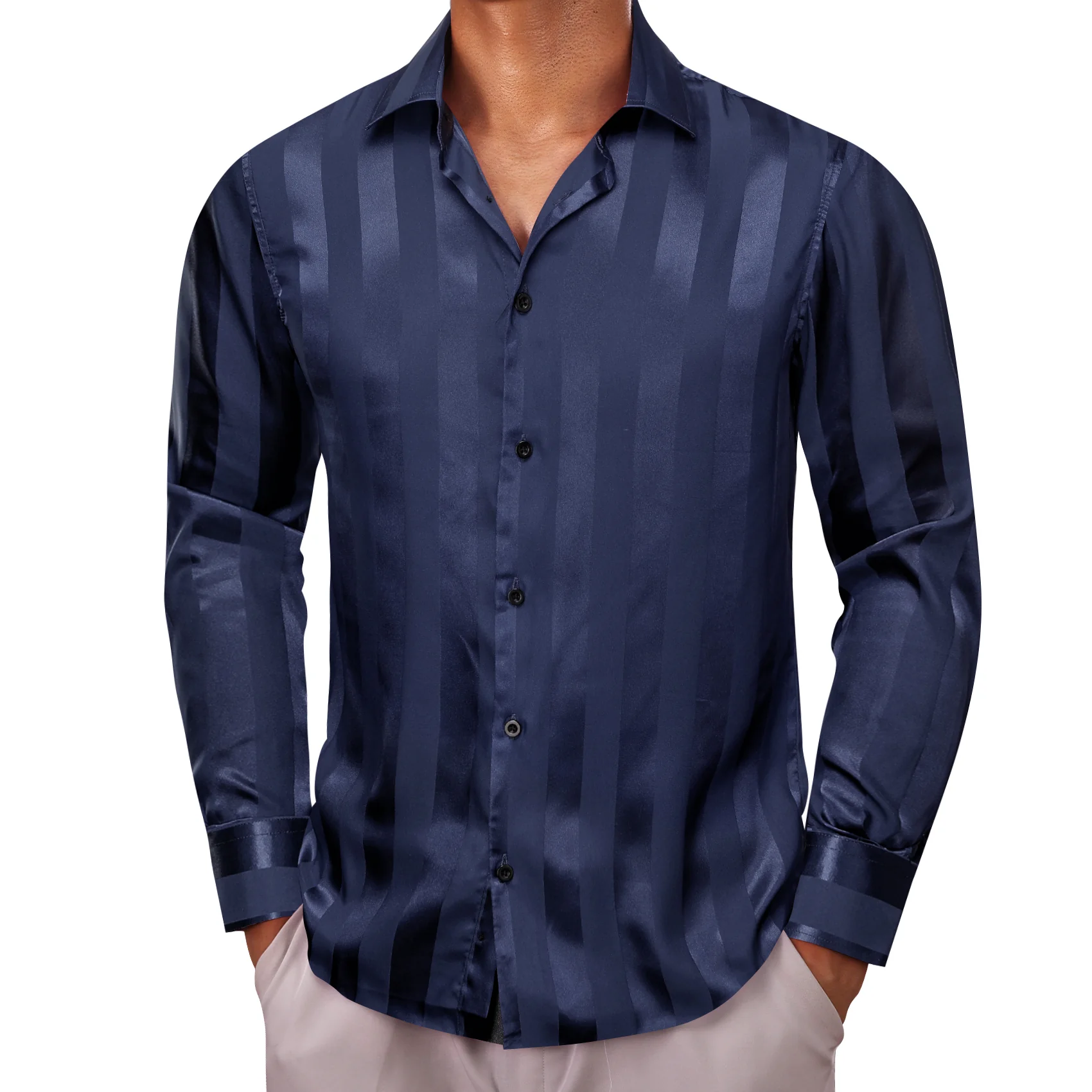 Blue Striped Shiny Satin Men's Long Sleeve Shirt