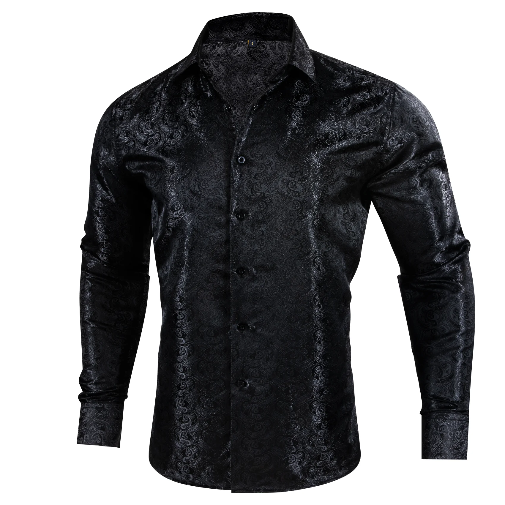 Luxury Black Paisley Pattern Silk Men's Long Sleeve Shirt