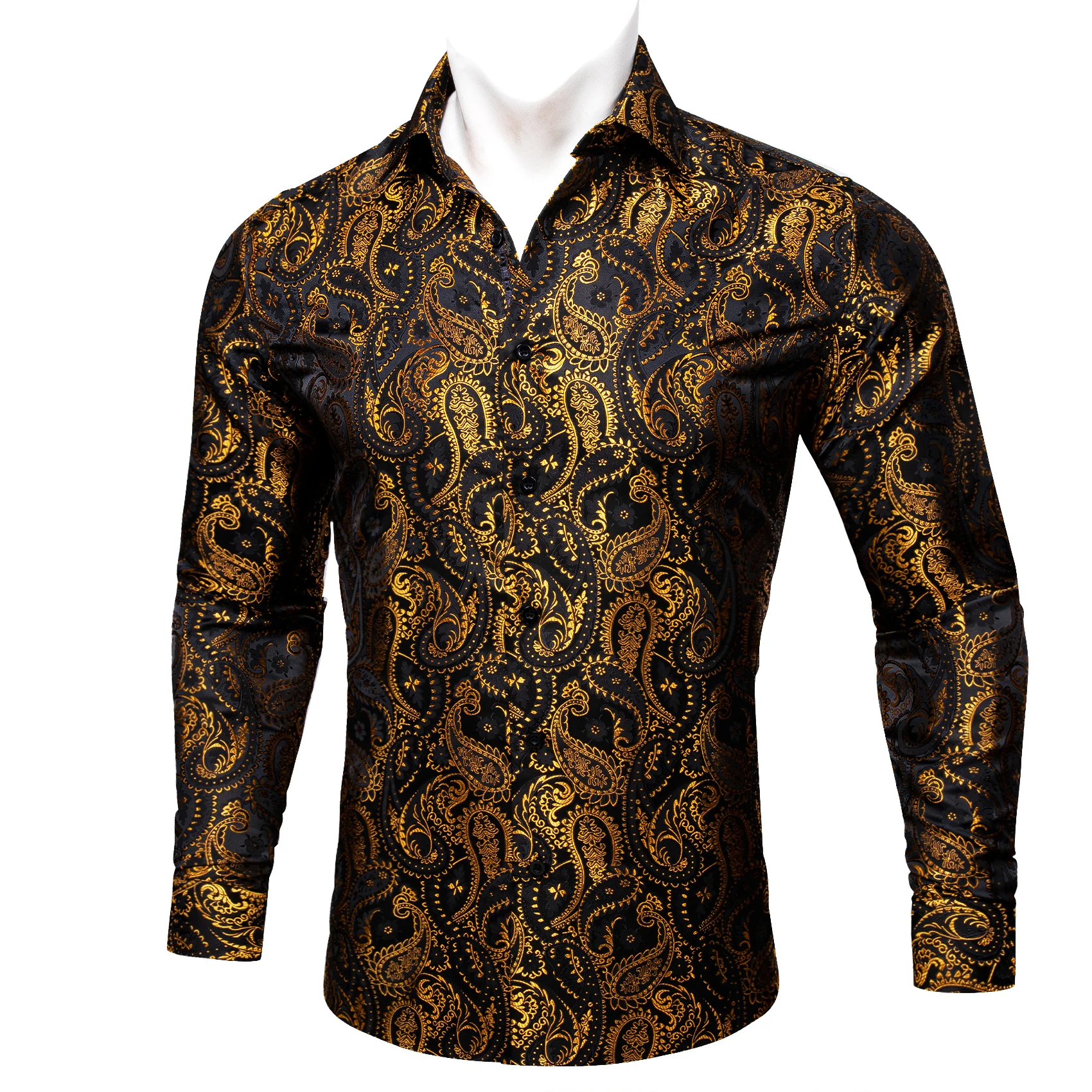Gold Black Paisley Silk Men's Long Sleeve Shirt