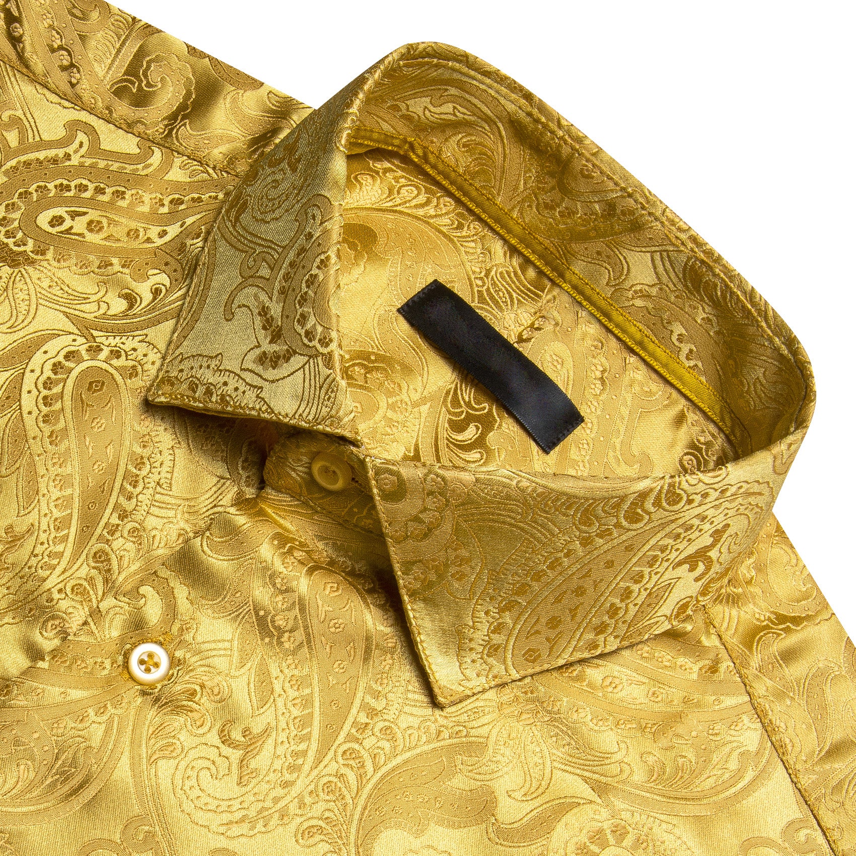 Yellow Gold Paisley Flower Pattern Silk Men's Long Sleeve Shirt