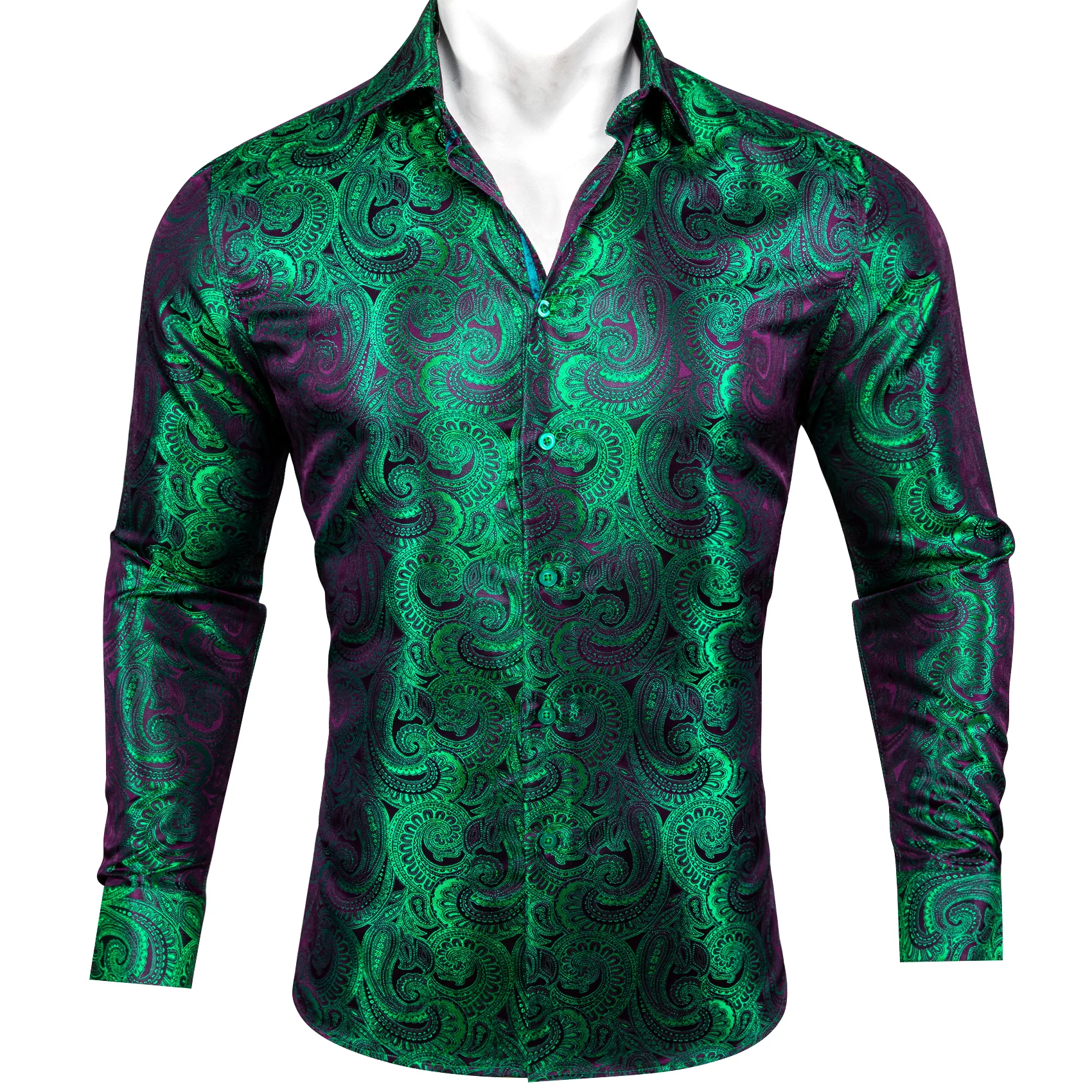 New Luxury Purple Green Gradient Paisley Pattern Silk Men's Long Sleeve Shirt