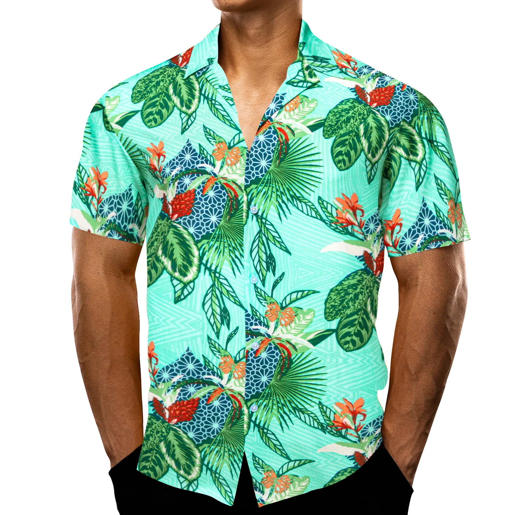 SeaFoam Green Emerald Green Leaves Novelty Men's Short Sleeve Summer Shirt
