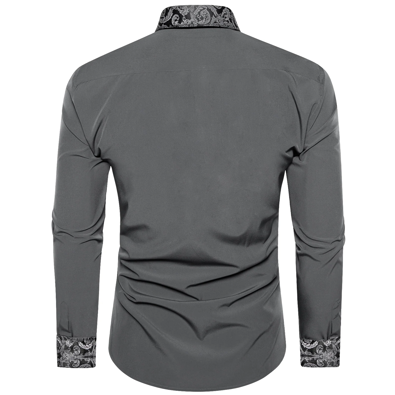 Splicing Style Grey with Black Paisley Edge Men's Solid Long Sleeve Shirt
