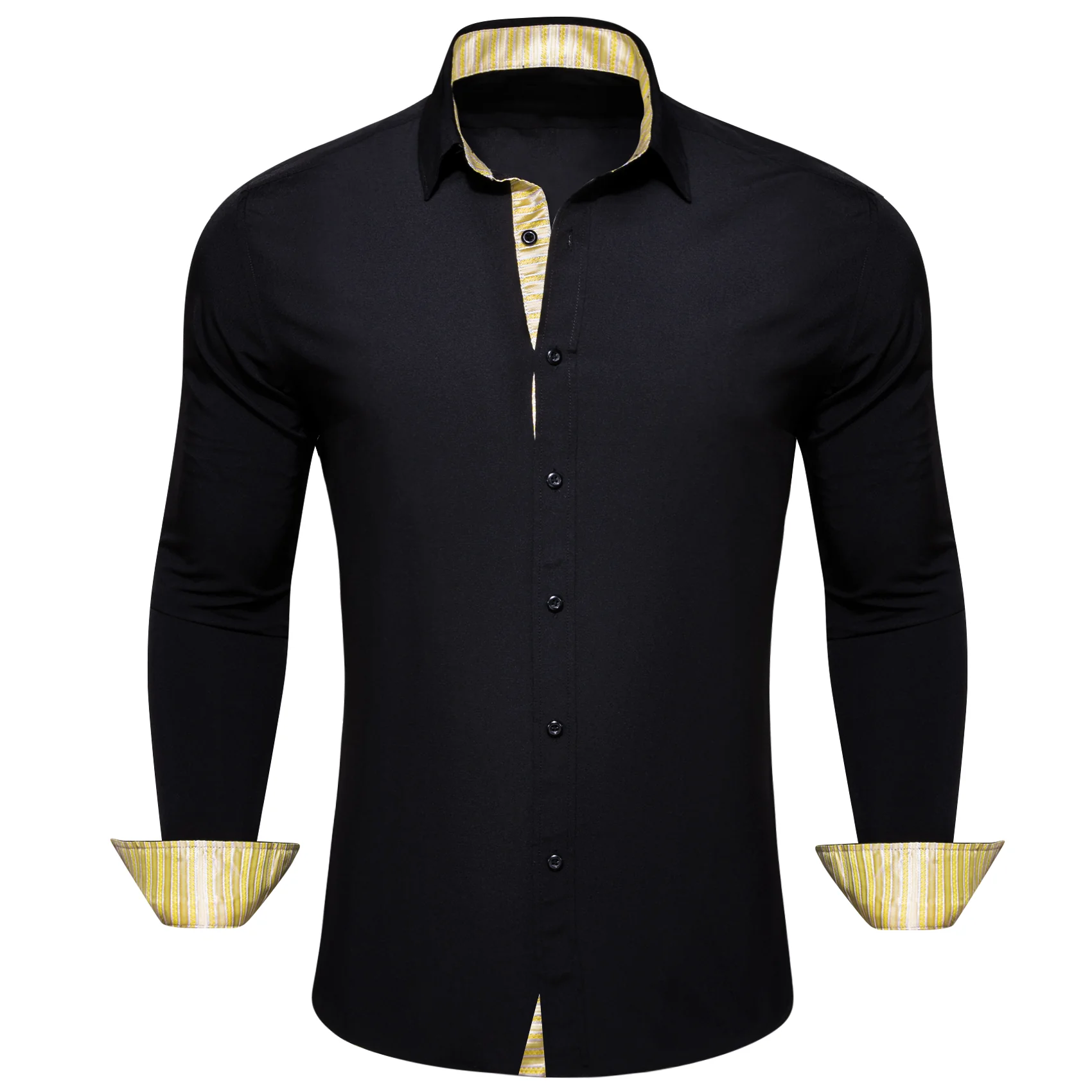 Splicing Style Black with Yellow White Striped Edge Men's Long Sleeve Shirt