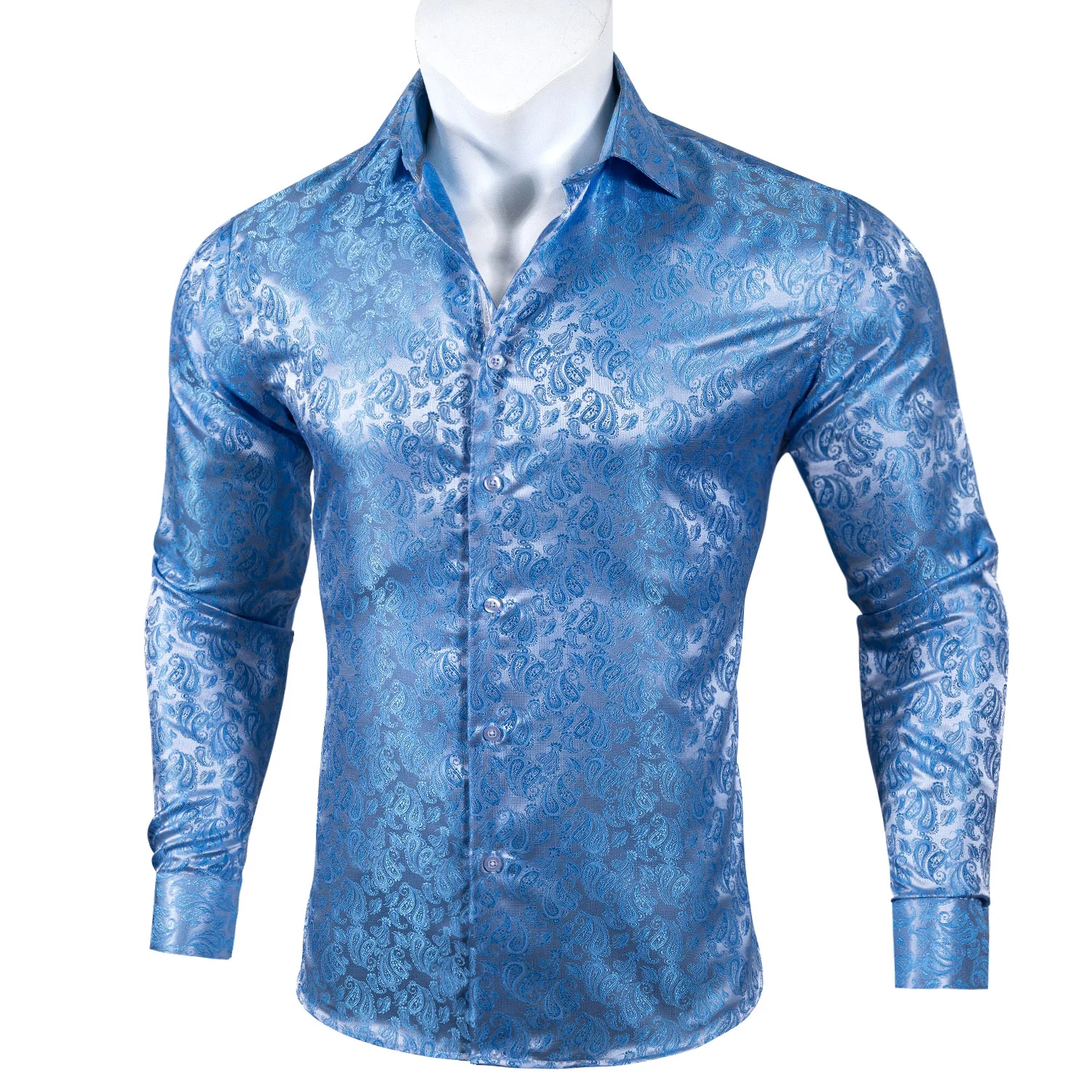 Baby Blue Paisley Style Silk Men's Long Sleeve Shirt
