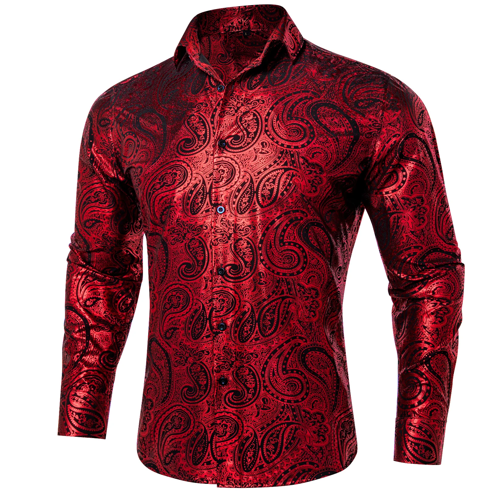 Red Black Paisley Flower Hot Stamping Men's Long Sleeve Shirt