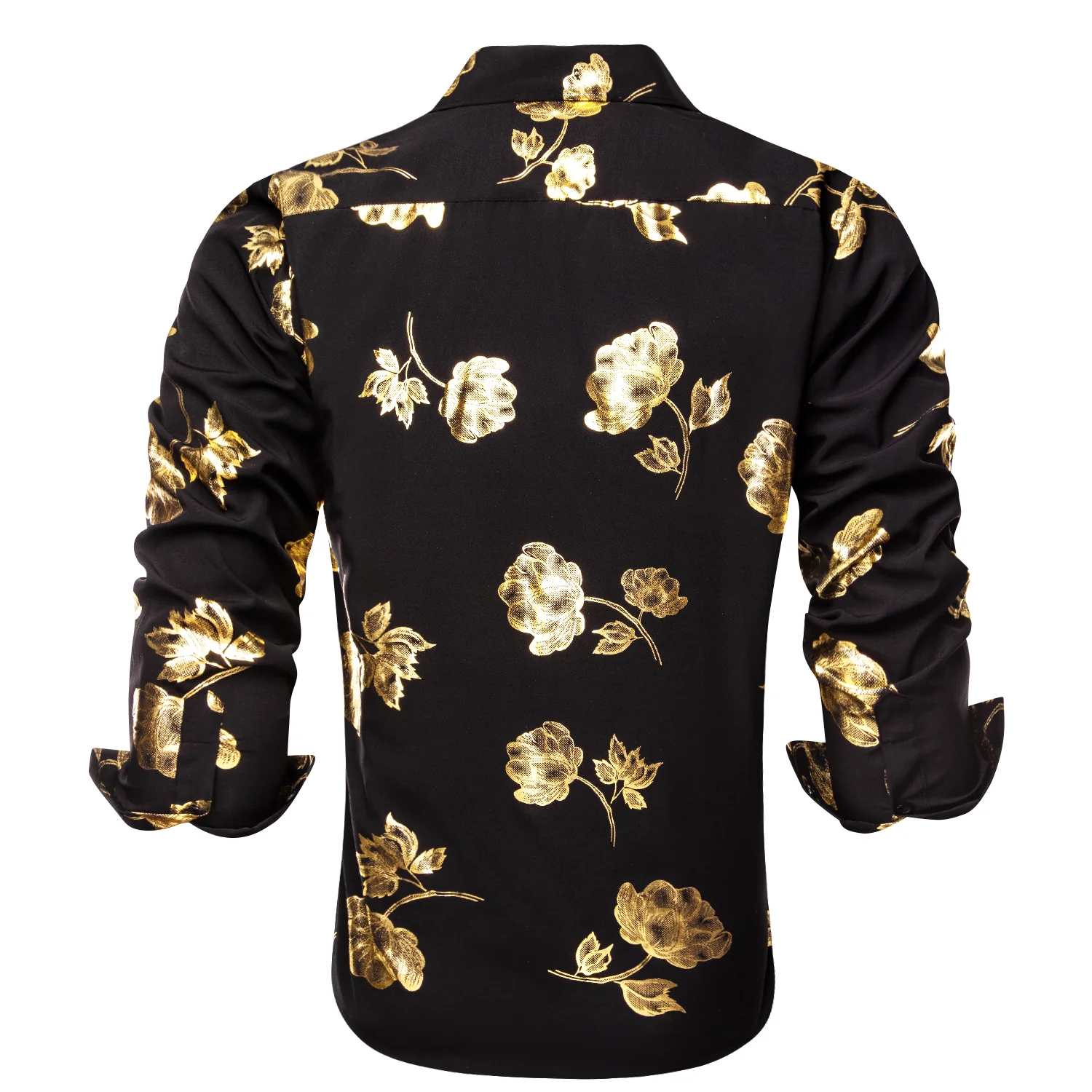 Black Golden Floral Silk Men Long Sleeve Shirt