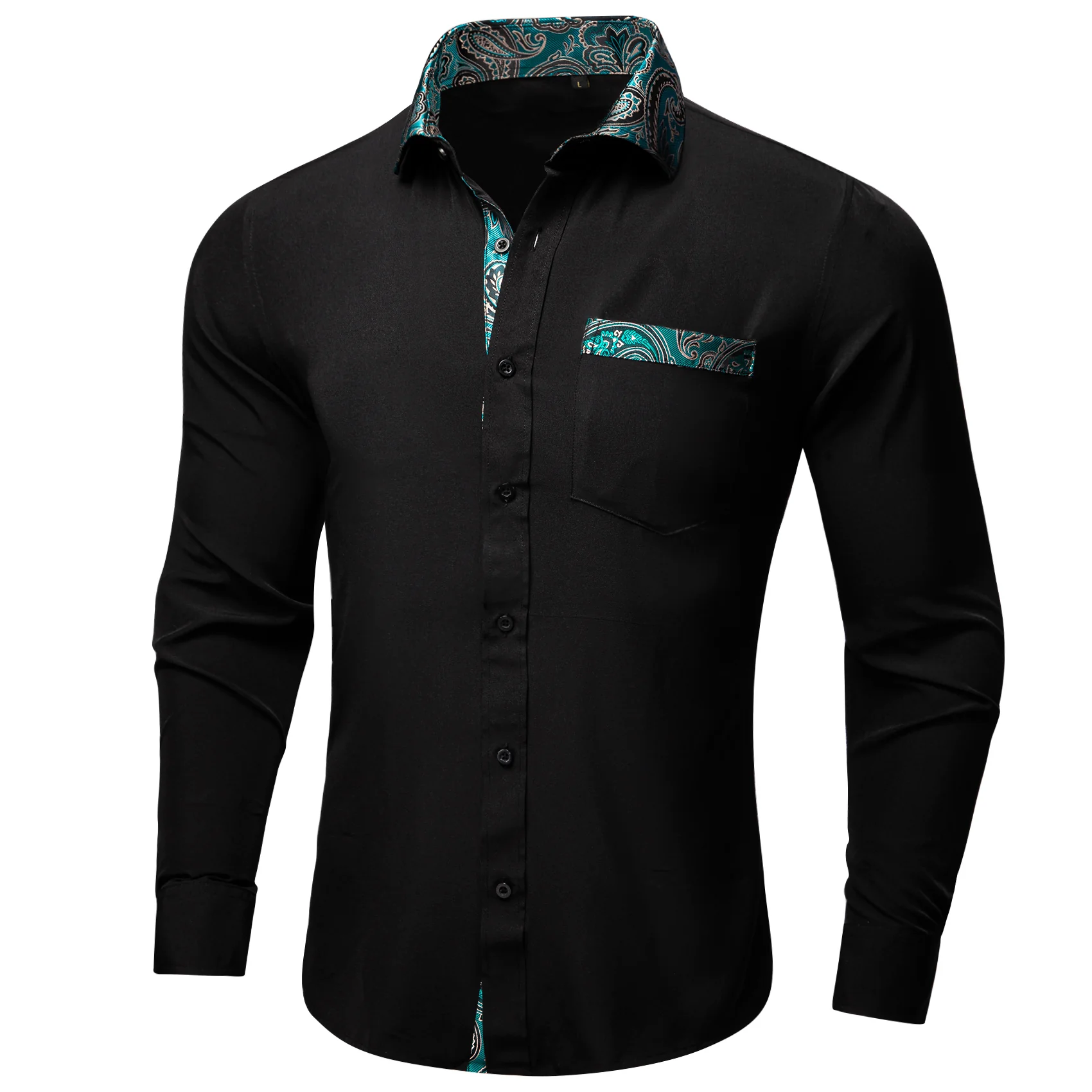 Splicing Style Black with Lake Blue Paisley Edge Men's Solid Long Sleeve Shirt