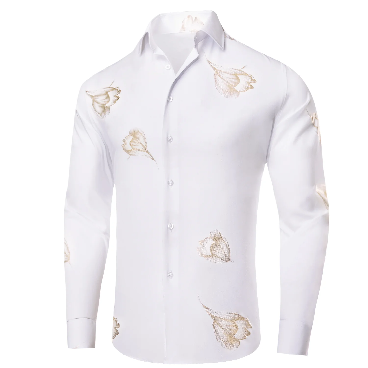 White Golden Floral Pattern Silk Men's Long Sleeve Shirt