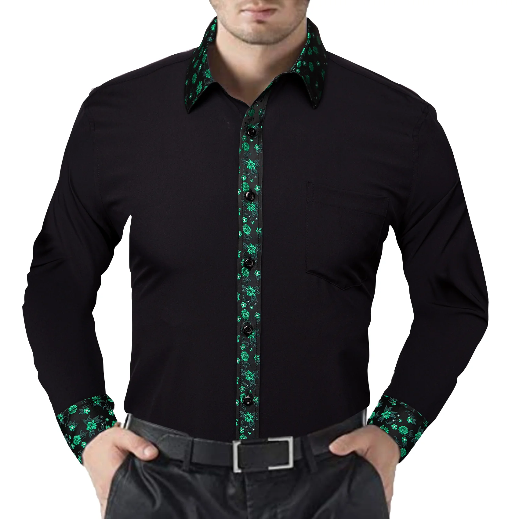 Splicing Style Black with Green Flower Edge Men's Long Sleeve Shirt