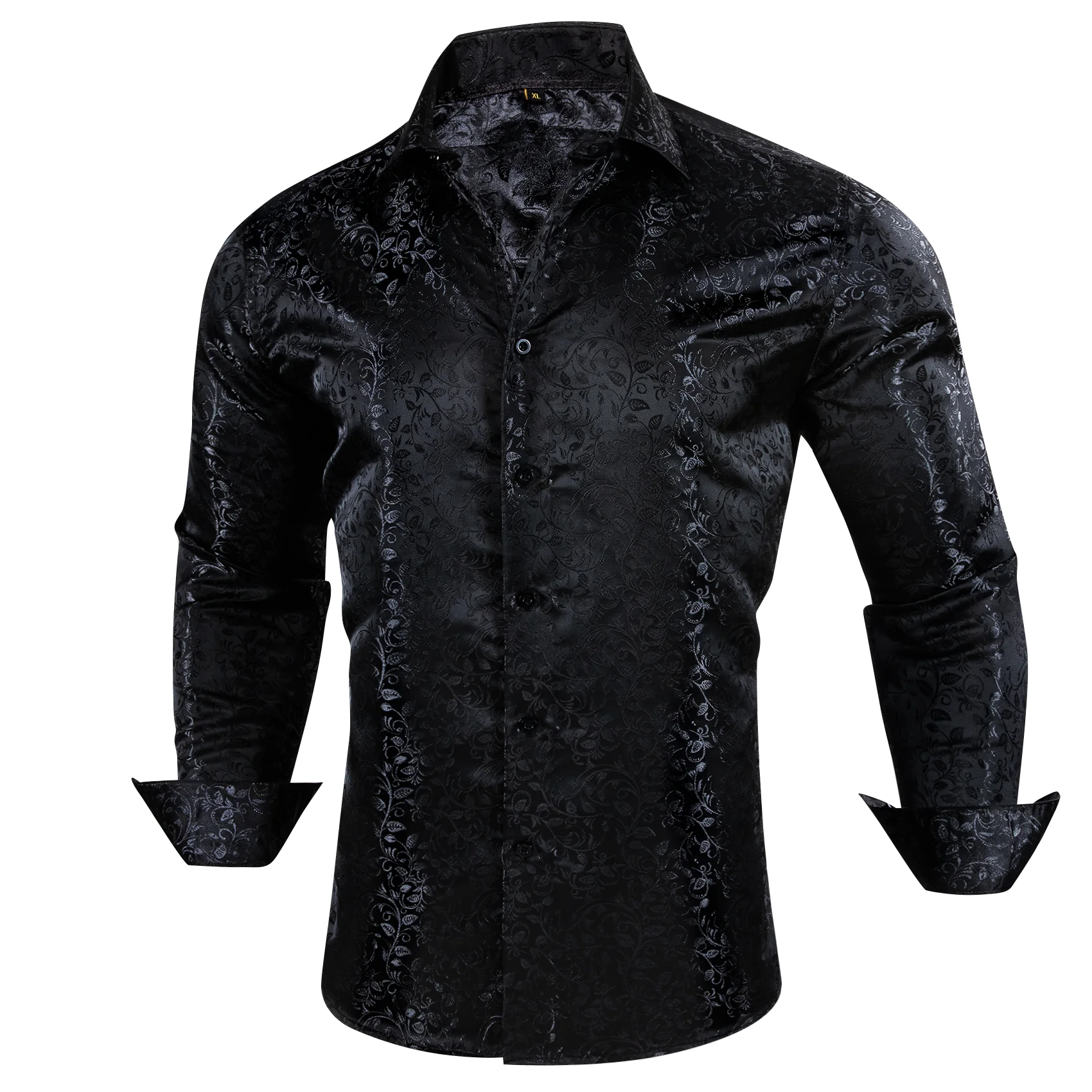 Black Floral Pattern Silk Men's Long Sleeve Shirt