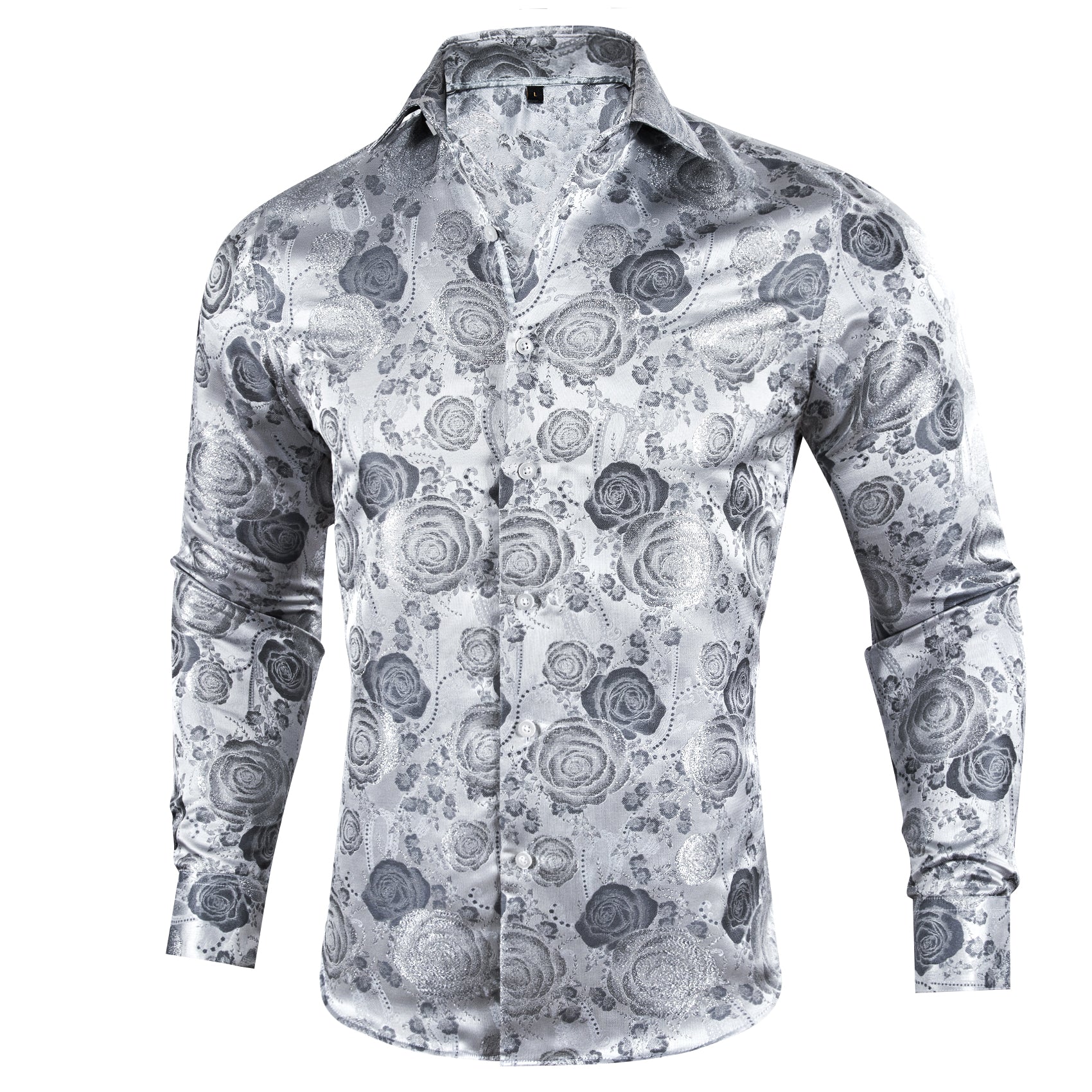 New Silver Grey Floral Style Silk Men's Long Sleeve Shirt