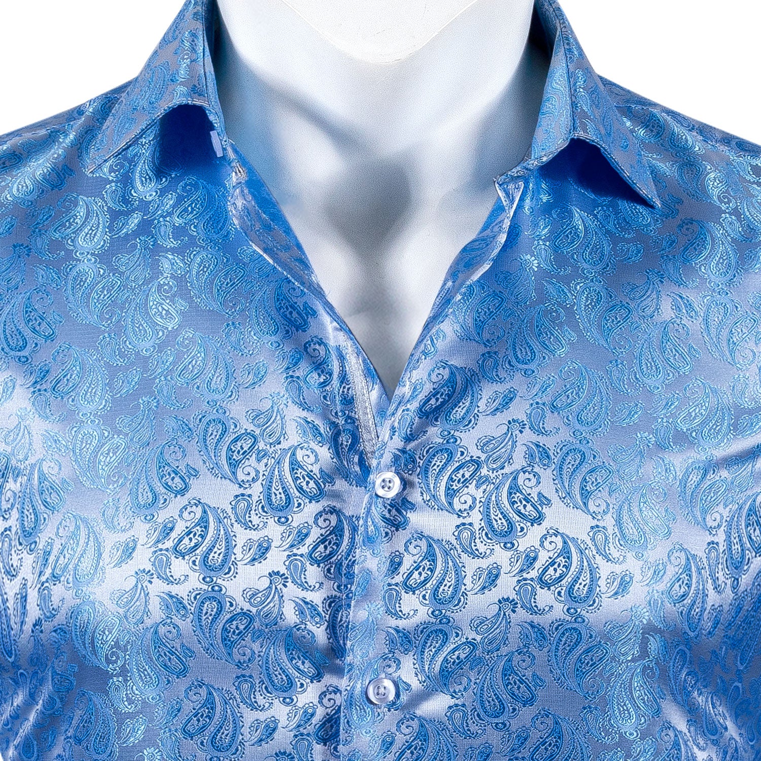 Baby Blue Paisley Style Silk Men's Long Sleeve Shirt