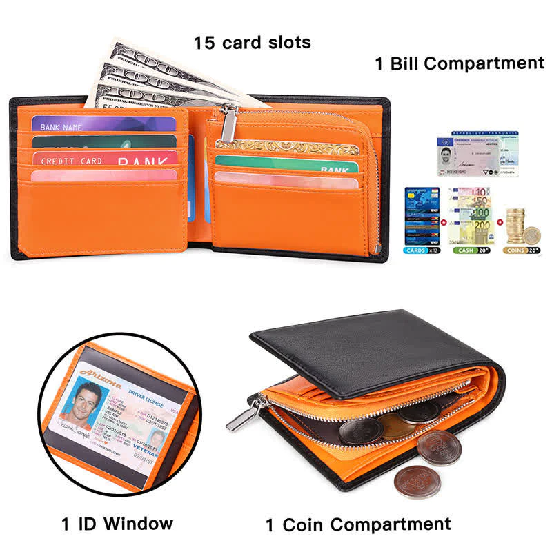 Men's Cowhide Leather RFID Blocking Bifold Wallet Stylish Anti Theft Wallets