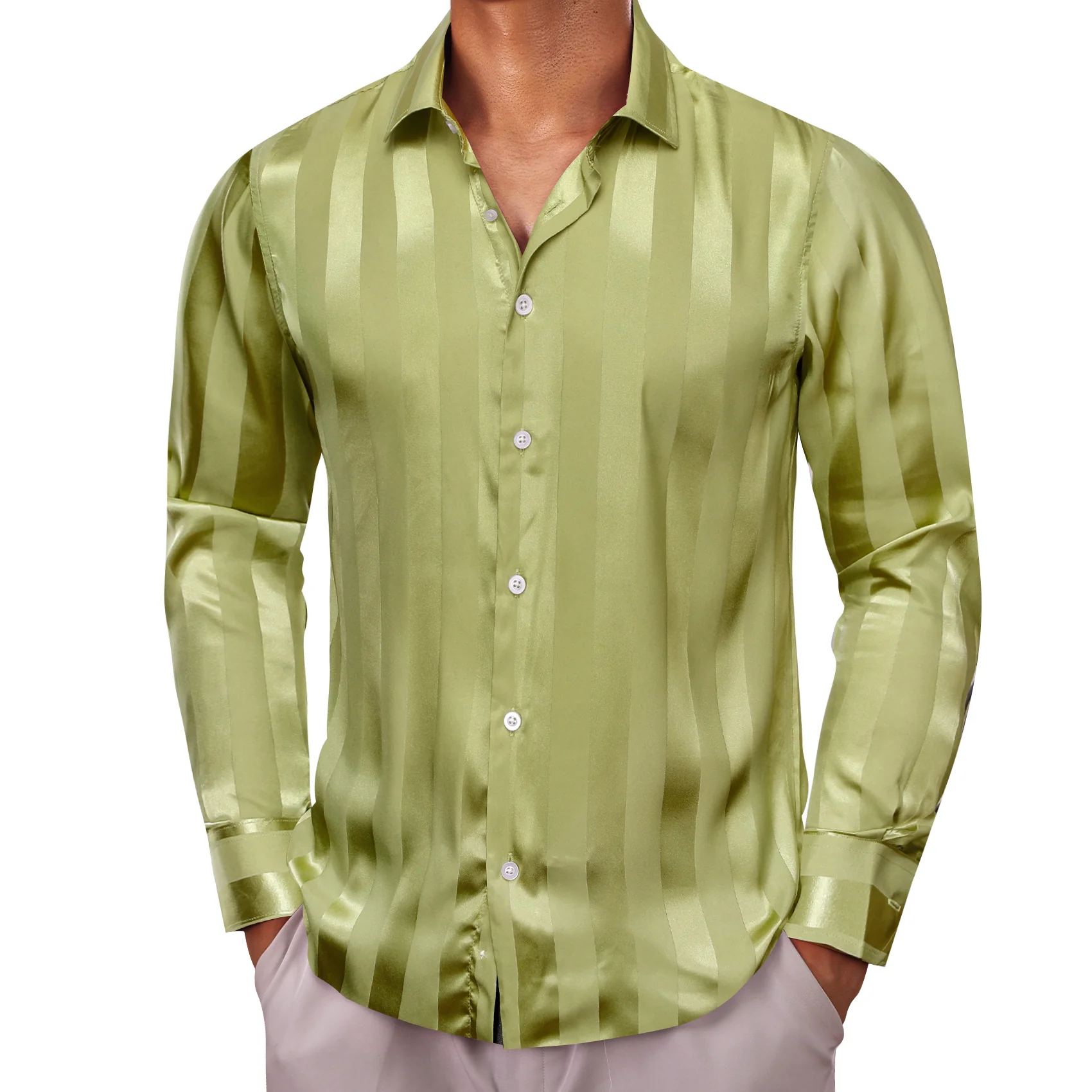 Cream Green Striped Shiny Satin Men's Long Sleeve Shirt