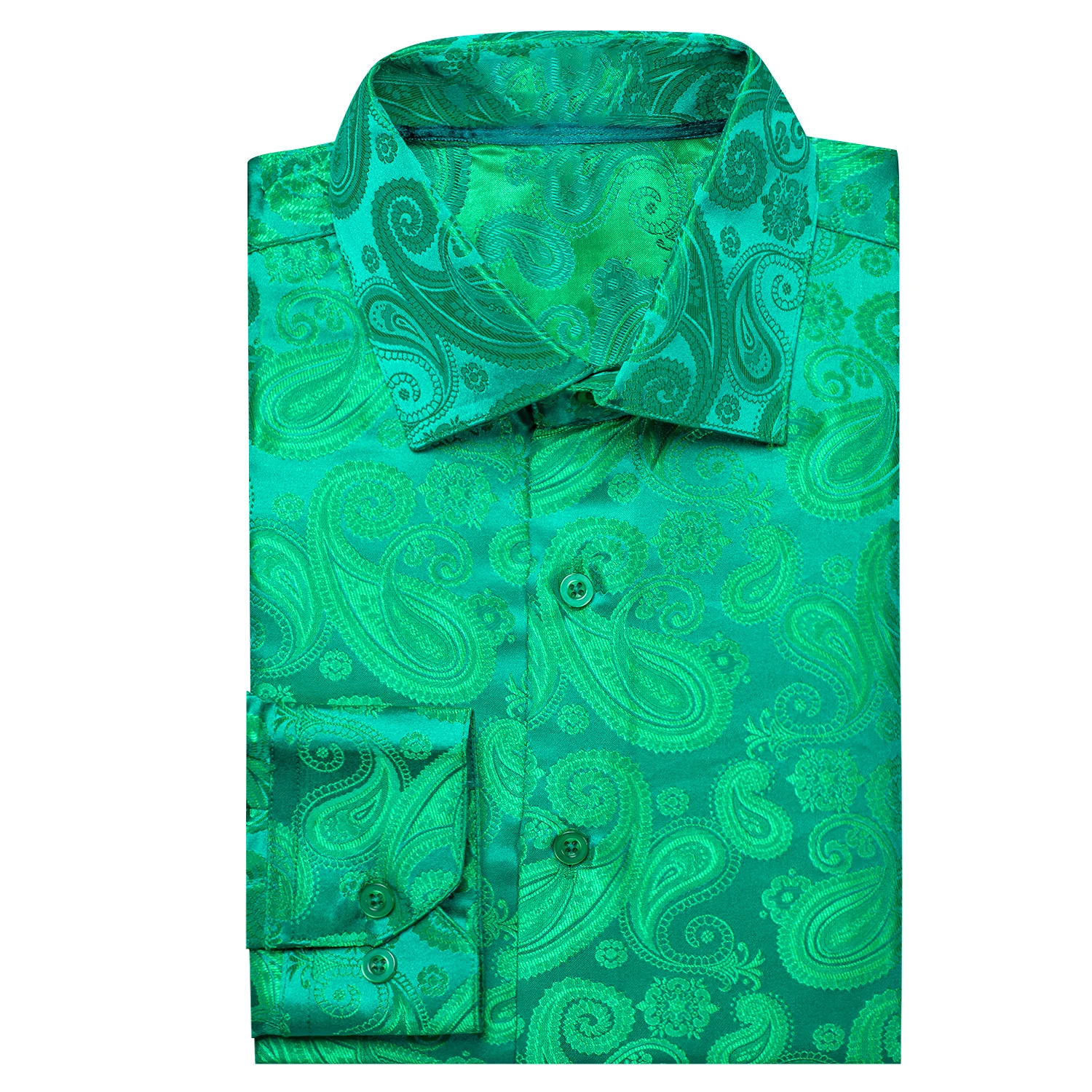 Green Paisley Pattern Silk Men's Long Sleeve Shirt