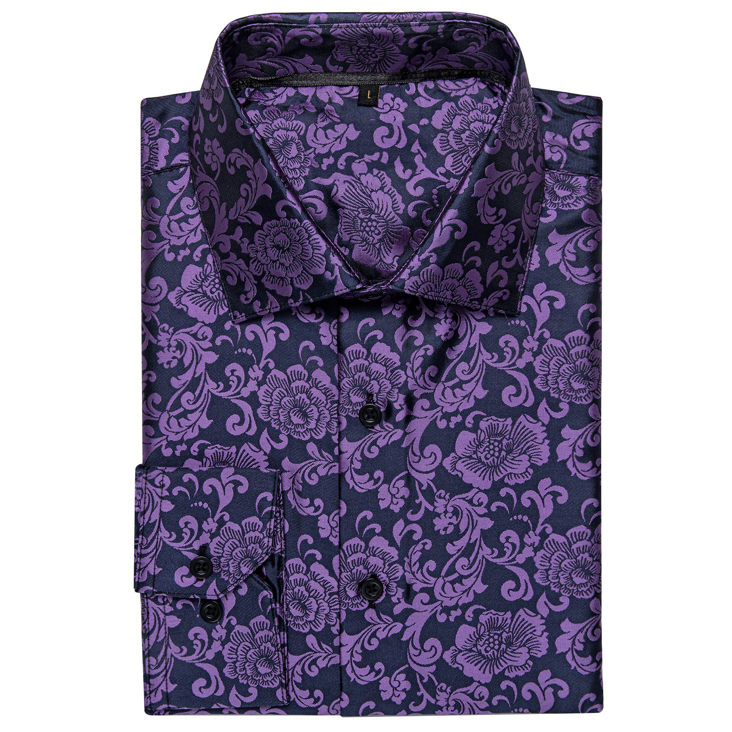 Black Purple Floral Silk Men's Long Sleeve Shirt