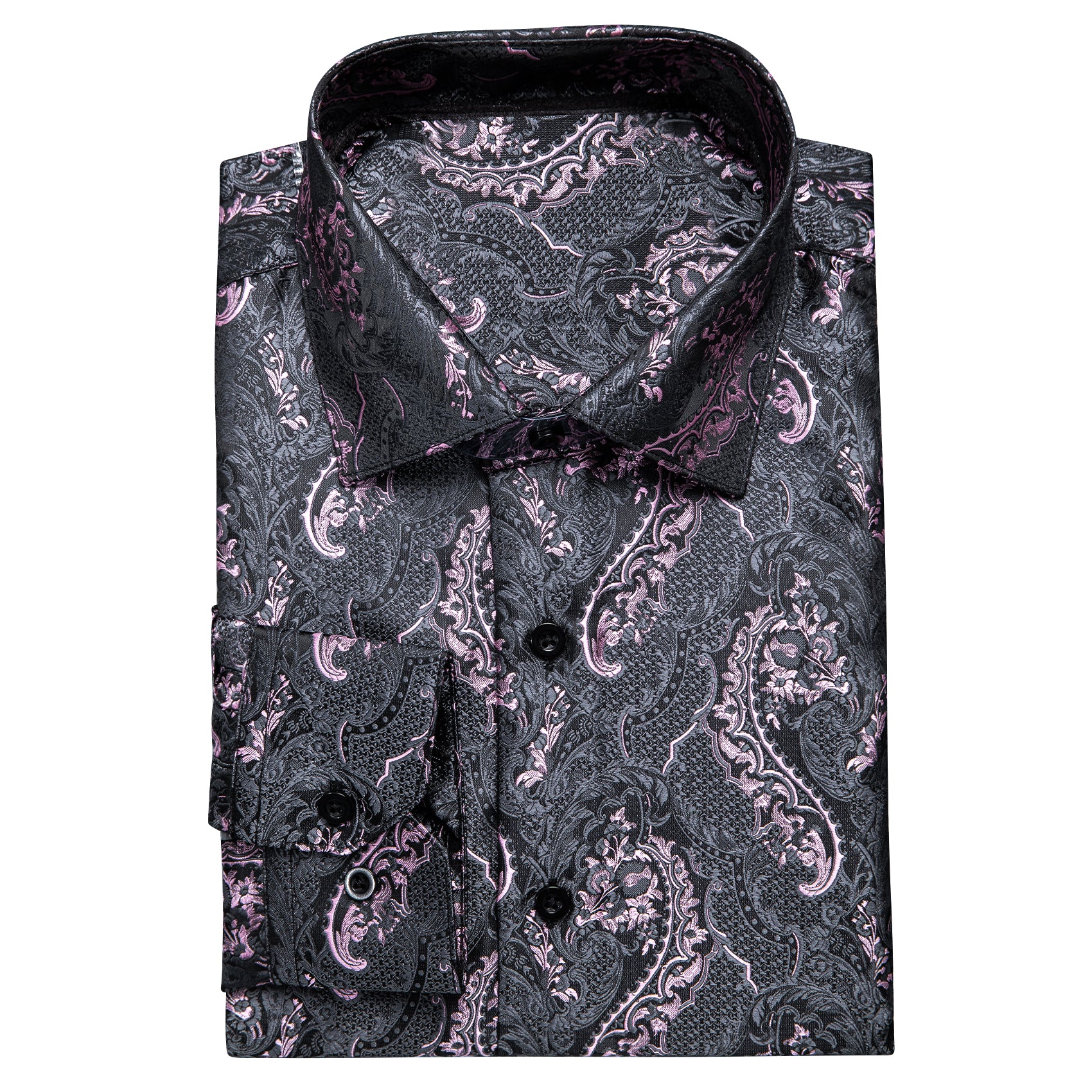 Grey Pink Paisley Pattern Silk Men's Long Sleeve Shirt