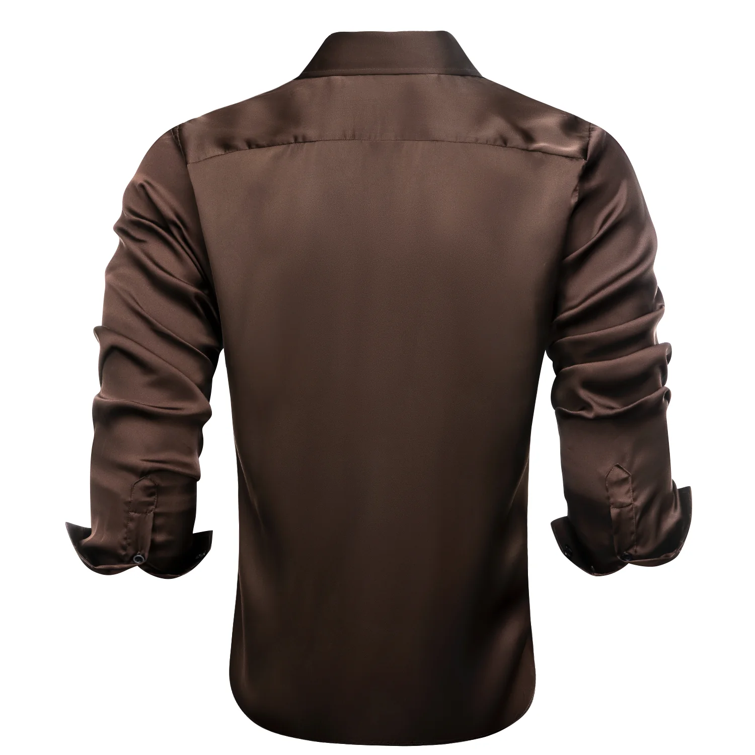 Dark Brown Solid Satin Chiffon Non-stretch Men's Long Sleeve Shirt