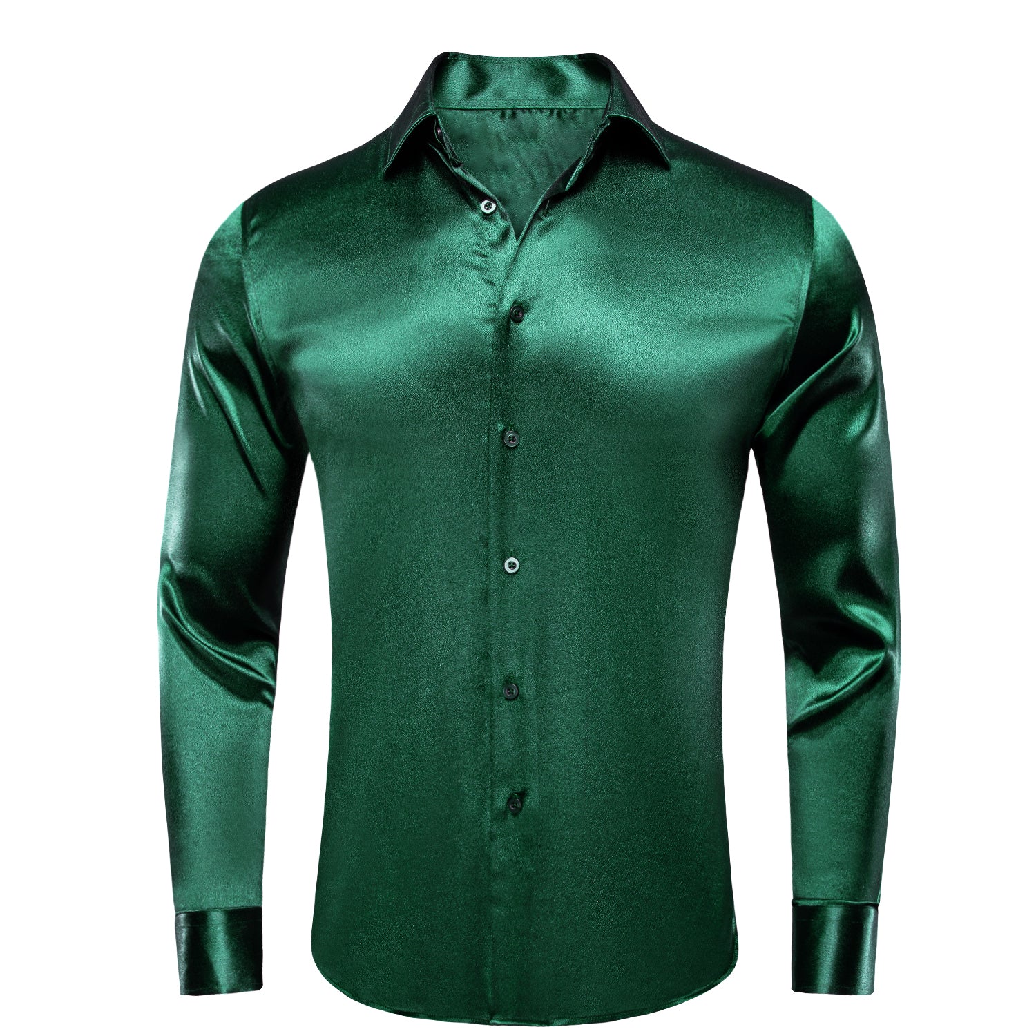 Shiny Dark Green Solid Silk Men's Long Sleeve Shirt