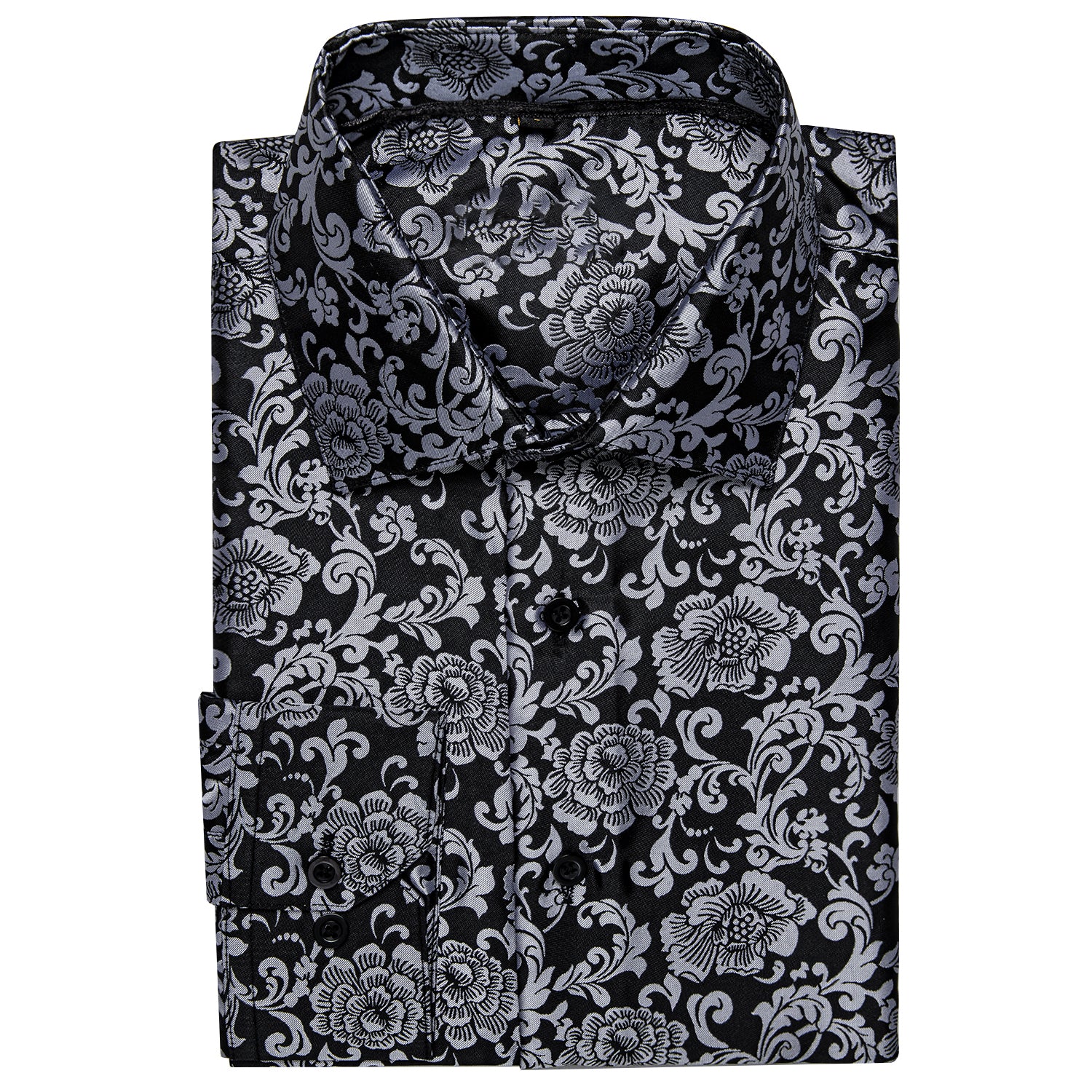 Black White Floral Silk Men's Long Sleeve Shirt