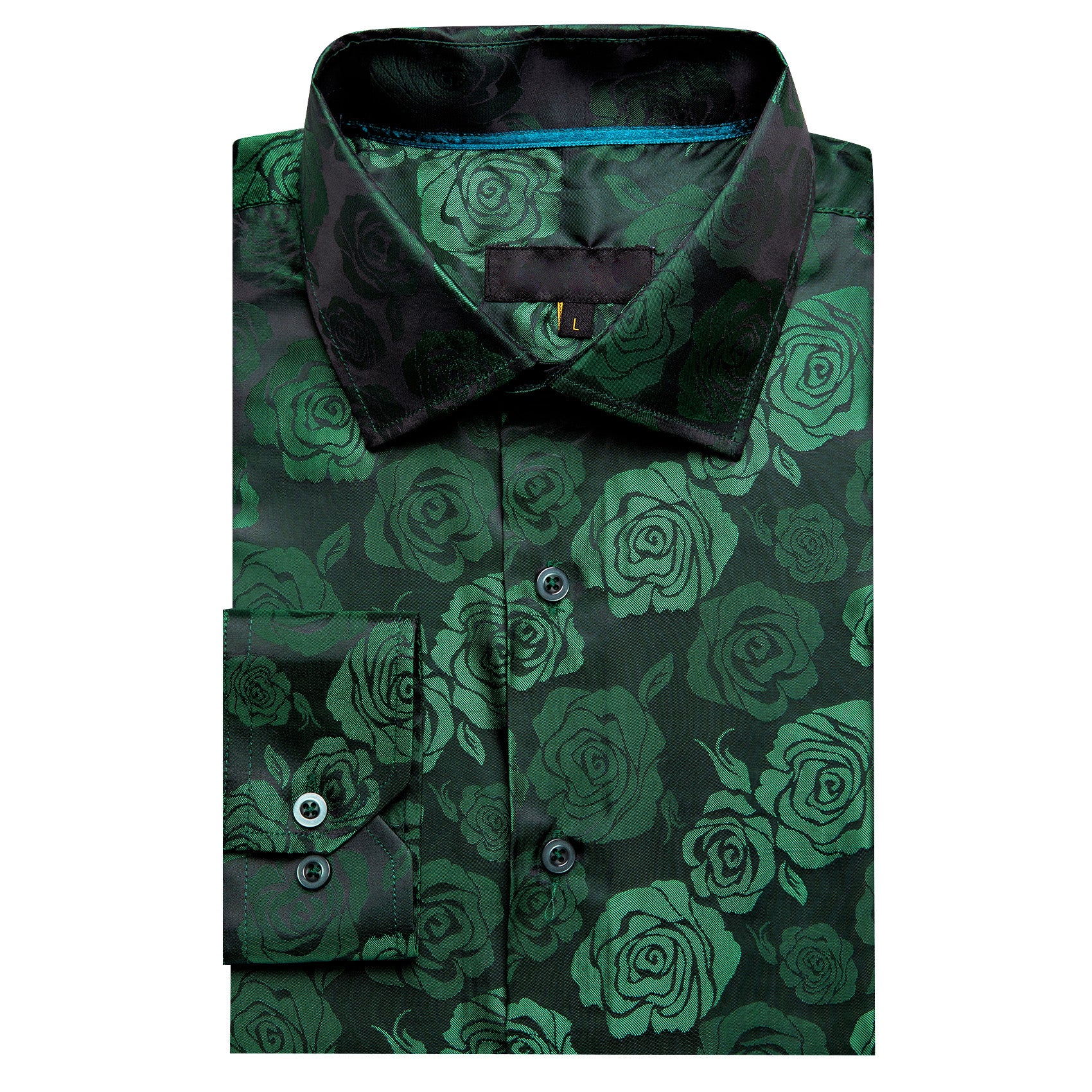 Green Black Floral Rose Silk Men's Long Sleeve Shirt