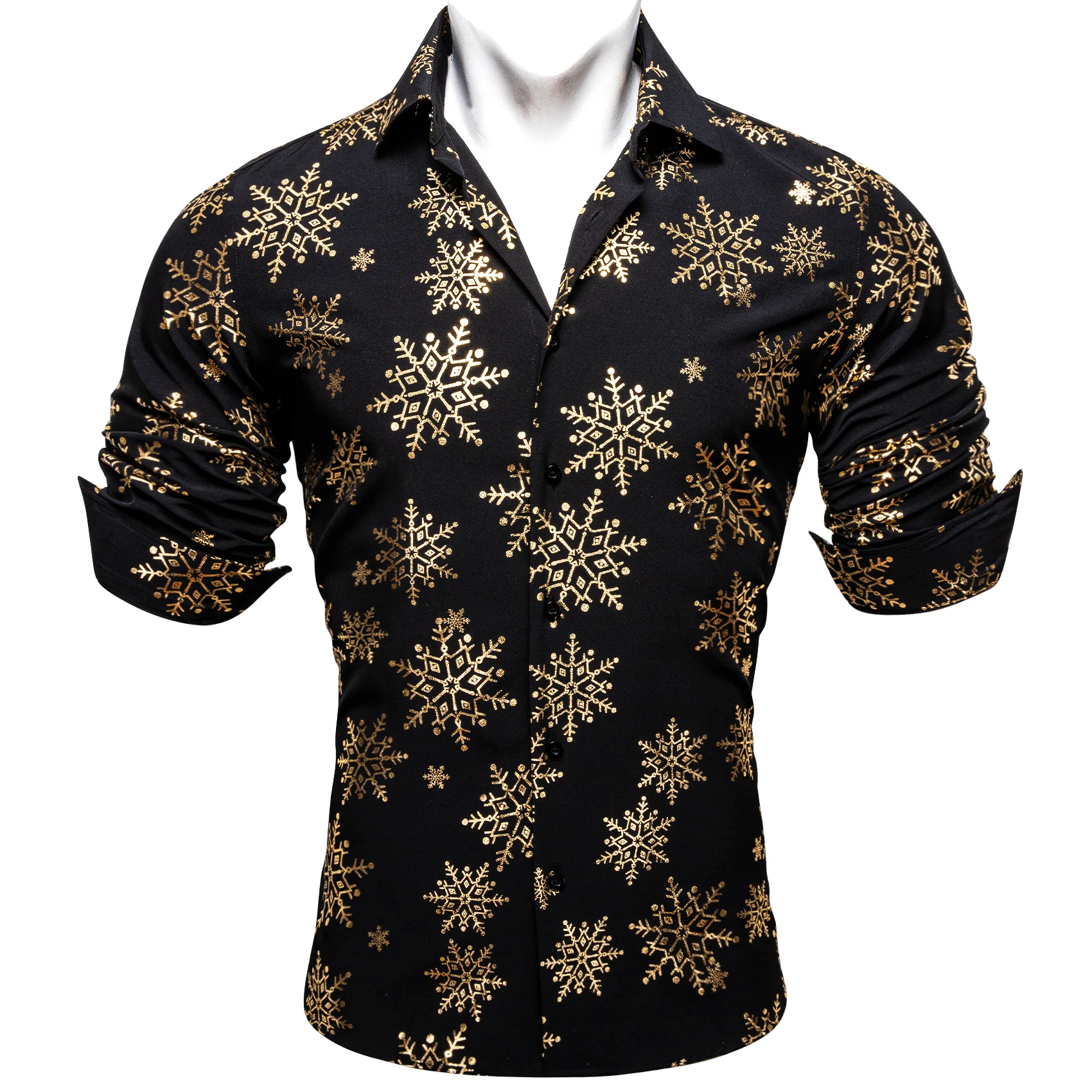 Christmas New Black with Golden Snowflake Floral Men's Long Sleeve Shirt