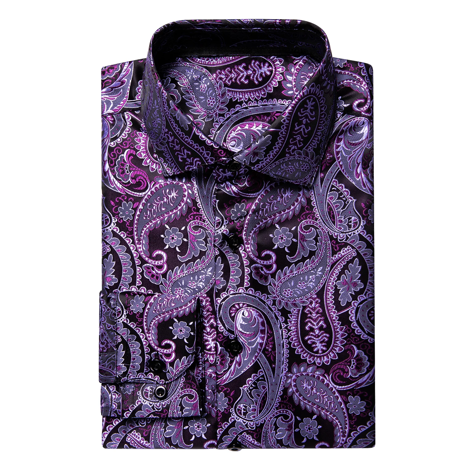 Luxury Purple Paisley Pattern Silk Men's Long Sleeve Shirt