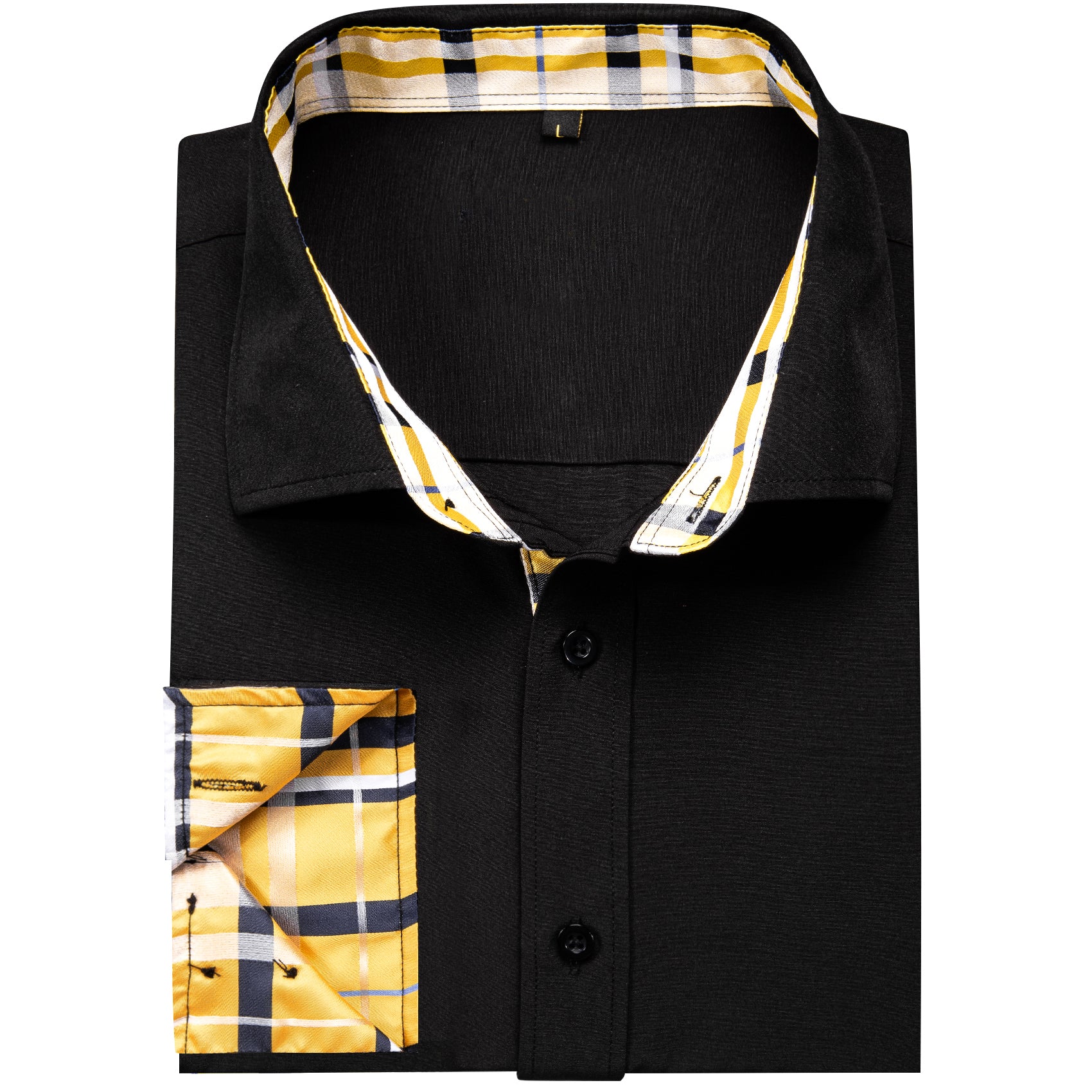 Splicing Style Black with Yellow Plaid Edge Men's Solid Long Sleeve Shirt