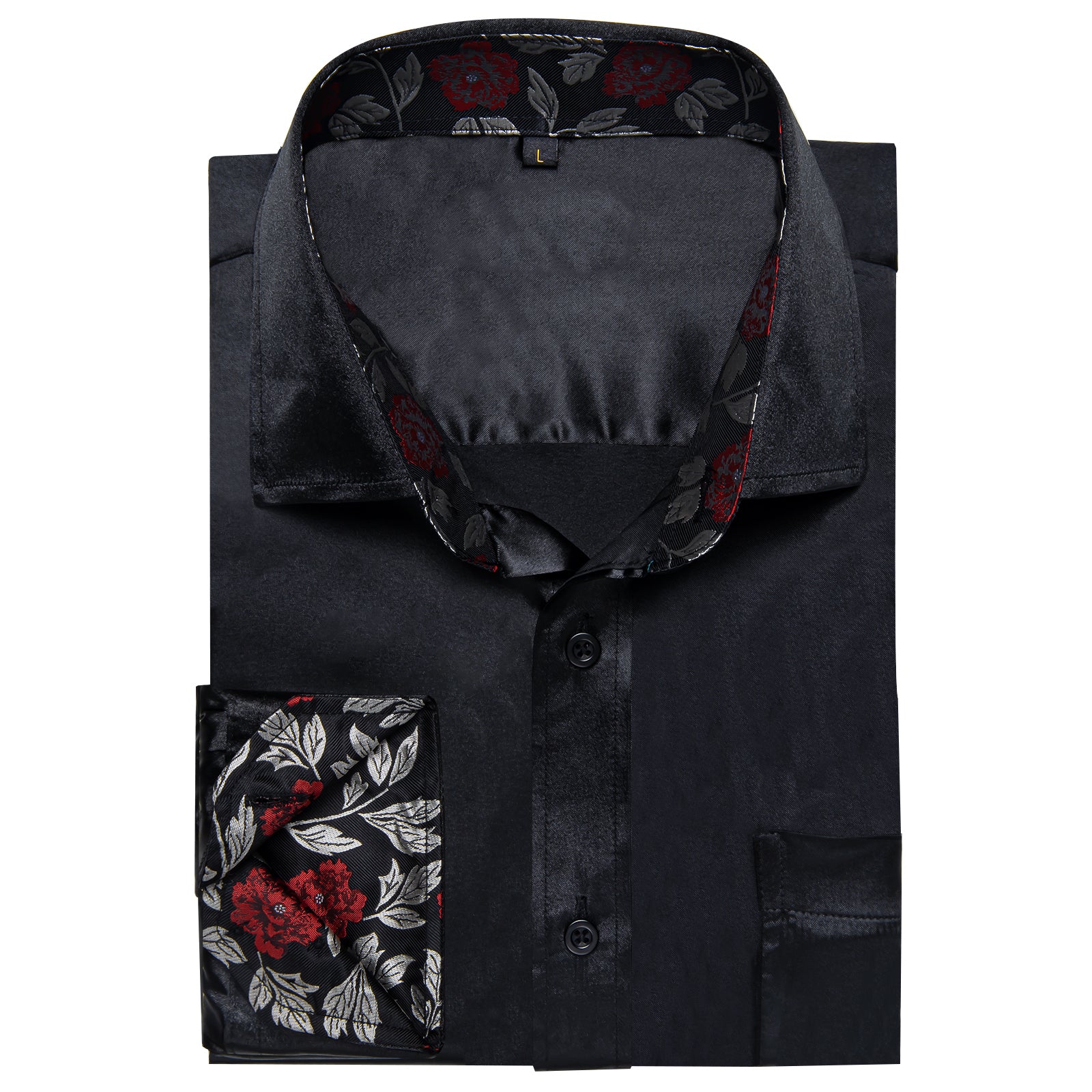 Splicing Style Black with White Floral Edge Men's Solid Long Sleeve Shirt