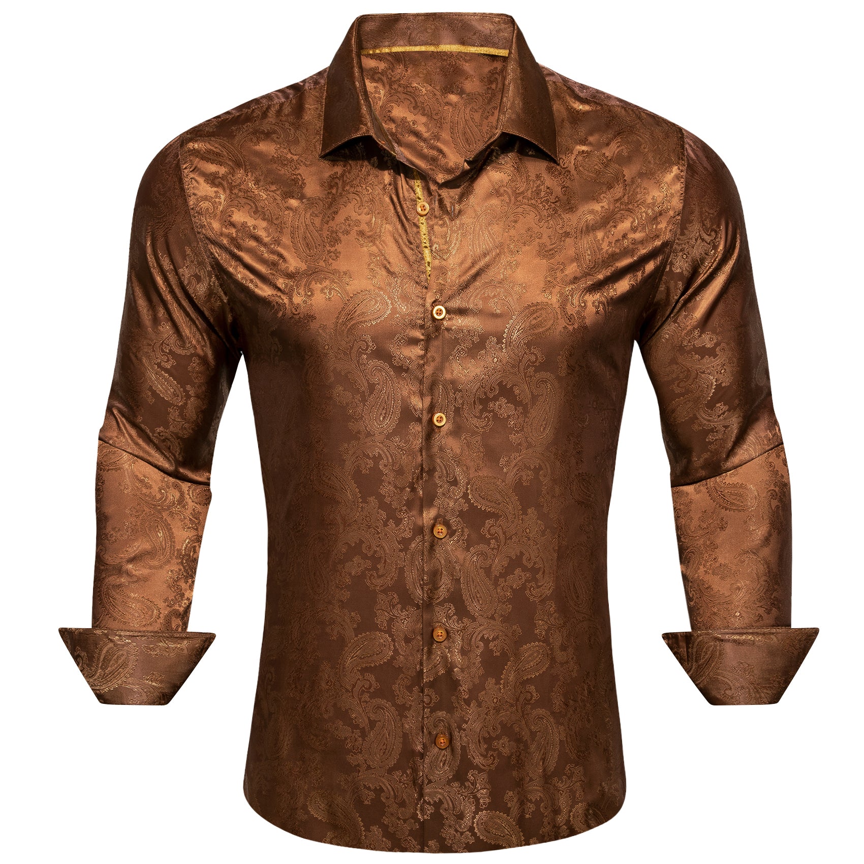 Brown Paisley Style Casual Silk Men's Long Sleeve Button Shirt