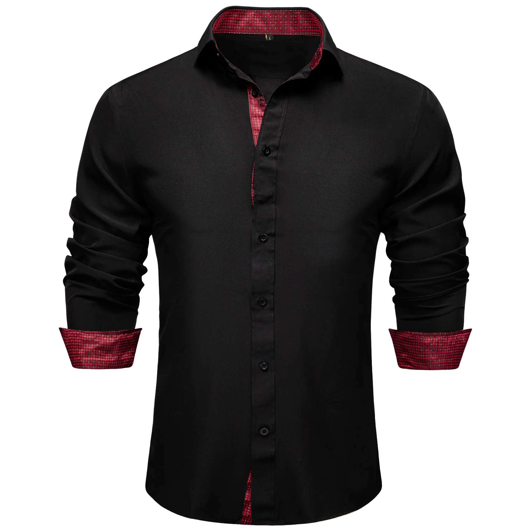 Splicing Style Black with Burgundy Plaid Edge Men's Solid Long Sleeve Shirt