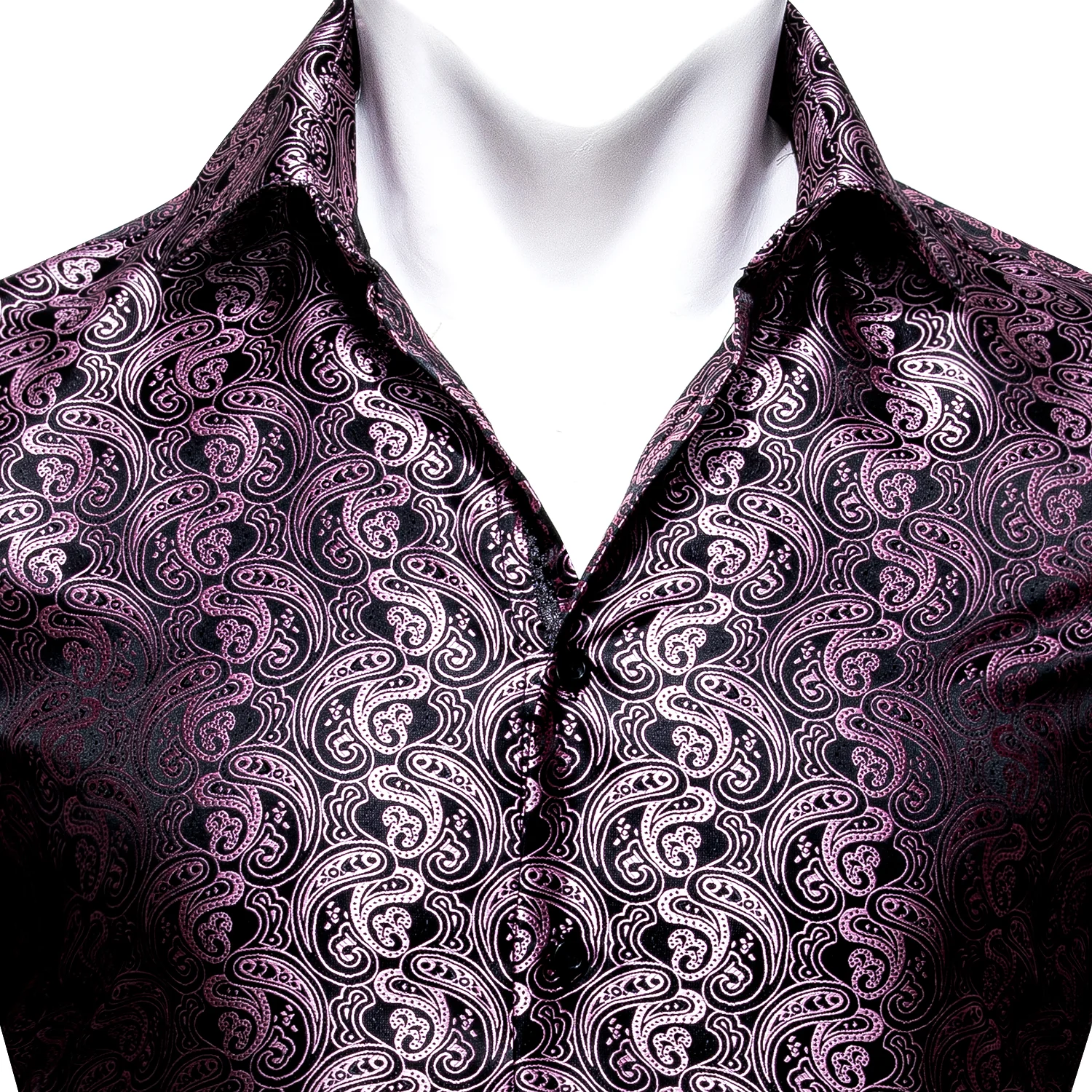 Pink Black Paisley Style Silk Men's Long Sleeve Shirt
