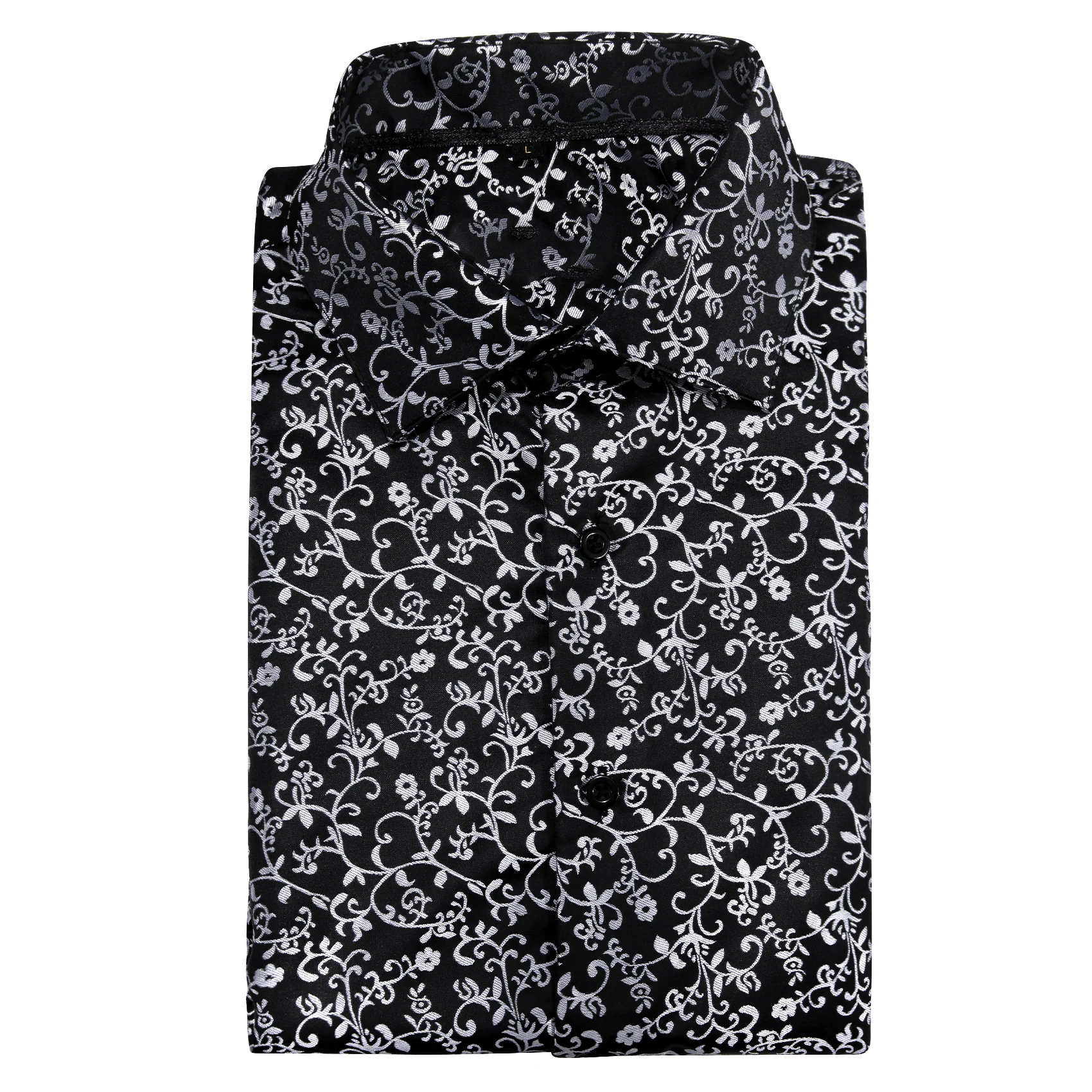 Black White Floral Style Silk Men's Long Sleeve Shirt