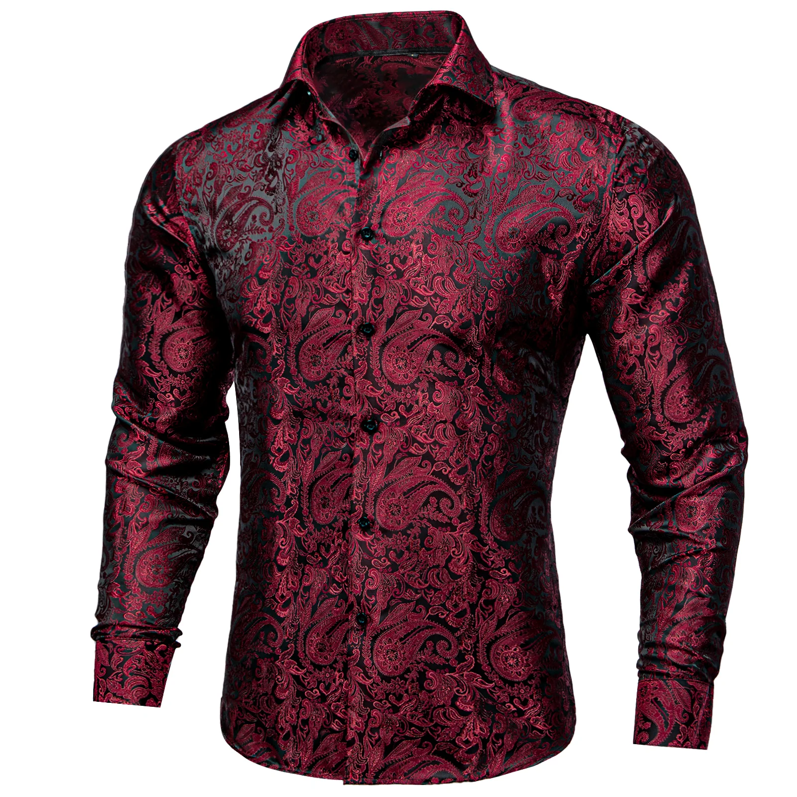 Dark Red Paisley Pattern Silk Men's Long Sleeve Shirt