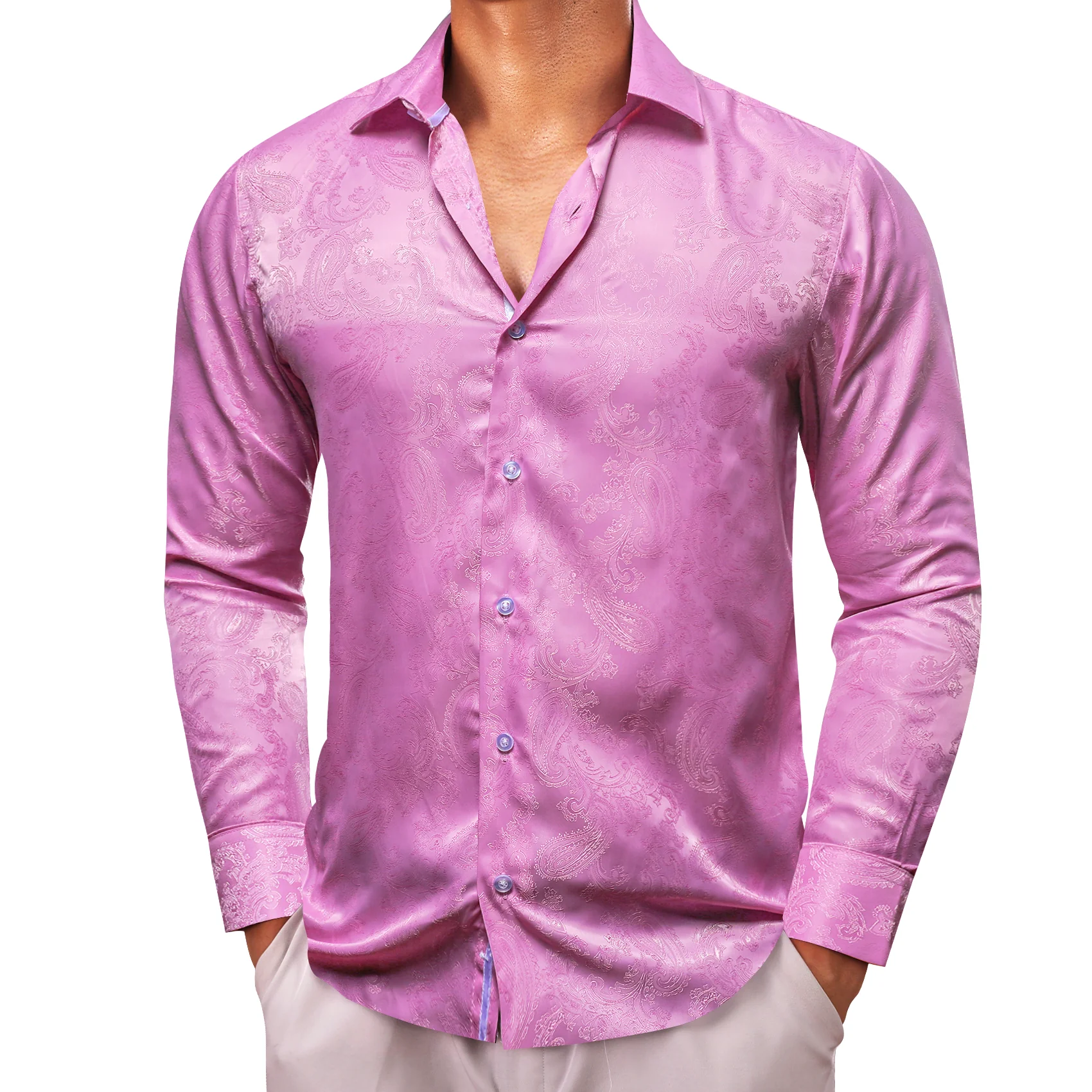 Pink Paisley Style Casual Silk Men's Long Sleeve Button Shirt