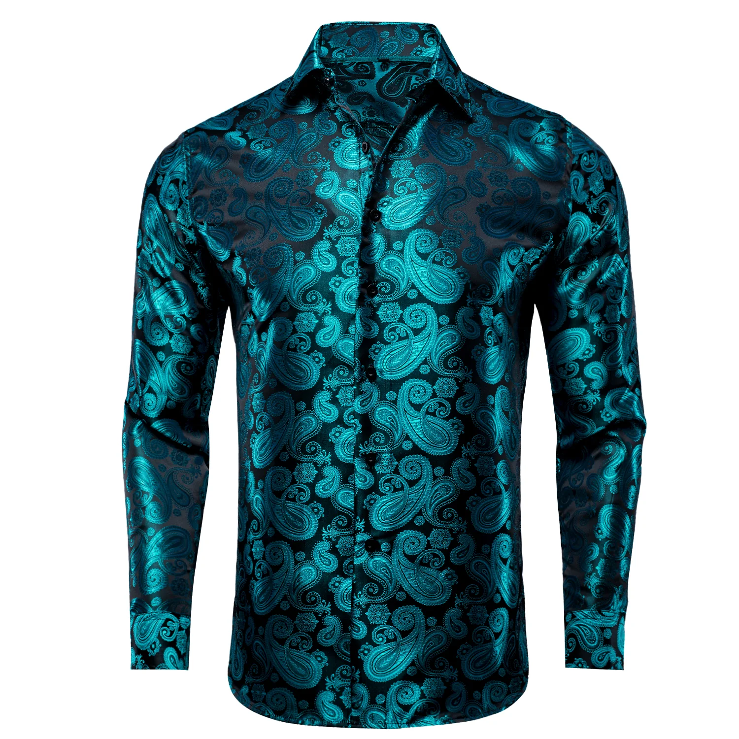 Luxury Lake Blue Paisley Pattern Silk Men's Long Sleeve Shirt