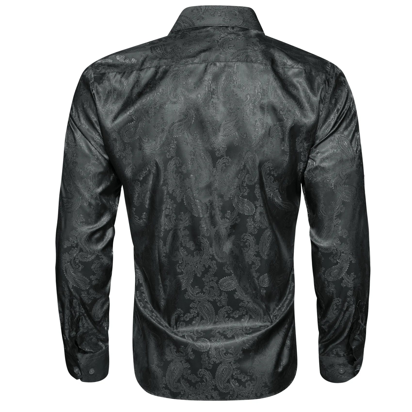 Black Paisley Style Casual Silk Men's Long Sleeve Button Shirt