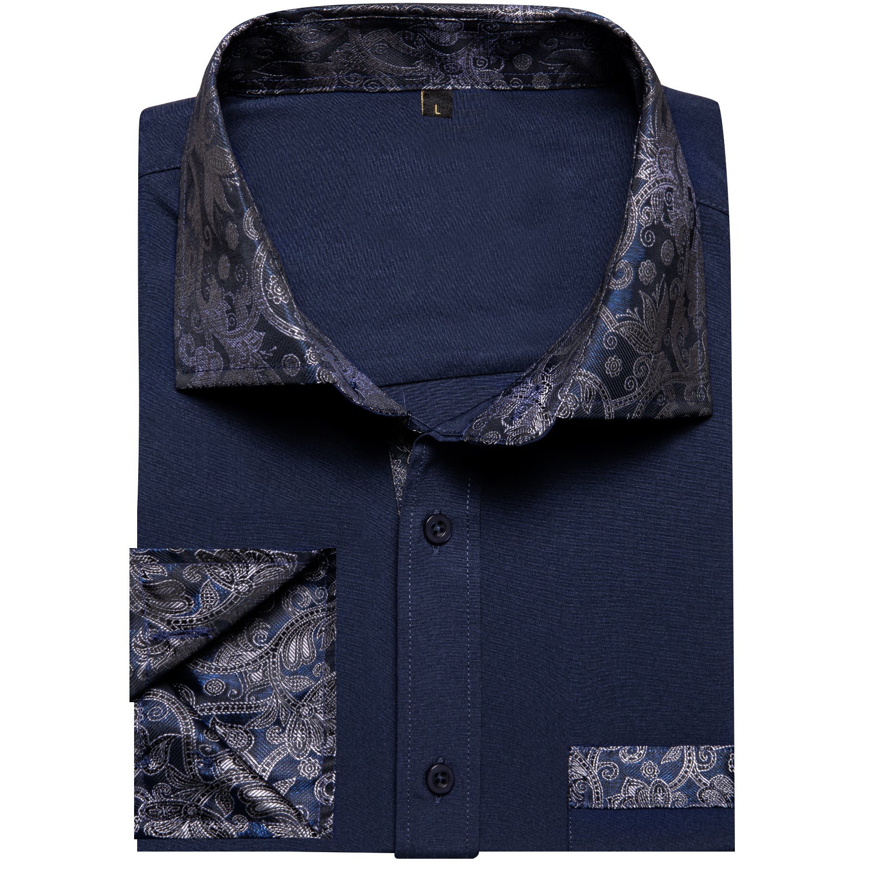 Splicing Style Dark Blue with Blue Paisley Edge Men's Solid Long Sleeve Shirt